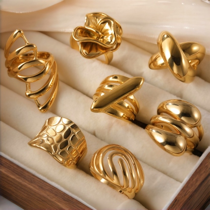 24K Gold PVD Stainless Steel Titanium Wave & Streamline Women's Ring-JinBaoJewerly