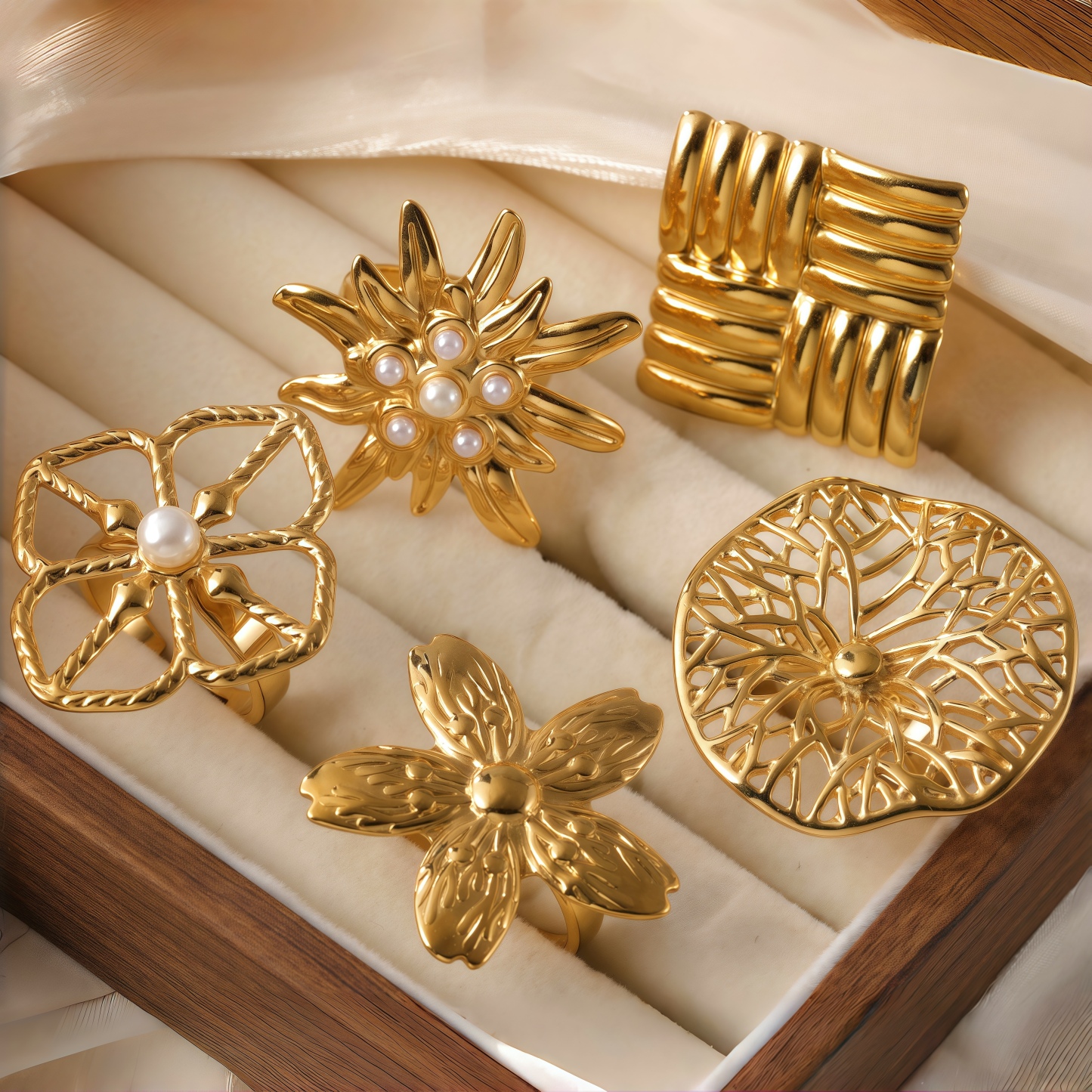 24K Gold PVD Stainless Steel Titanium Floral Pearl Adjustable Women's Ring-JinBaoJewerly