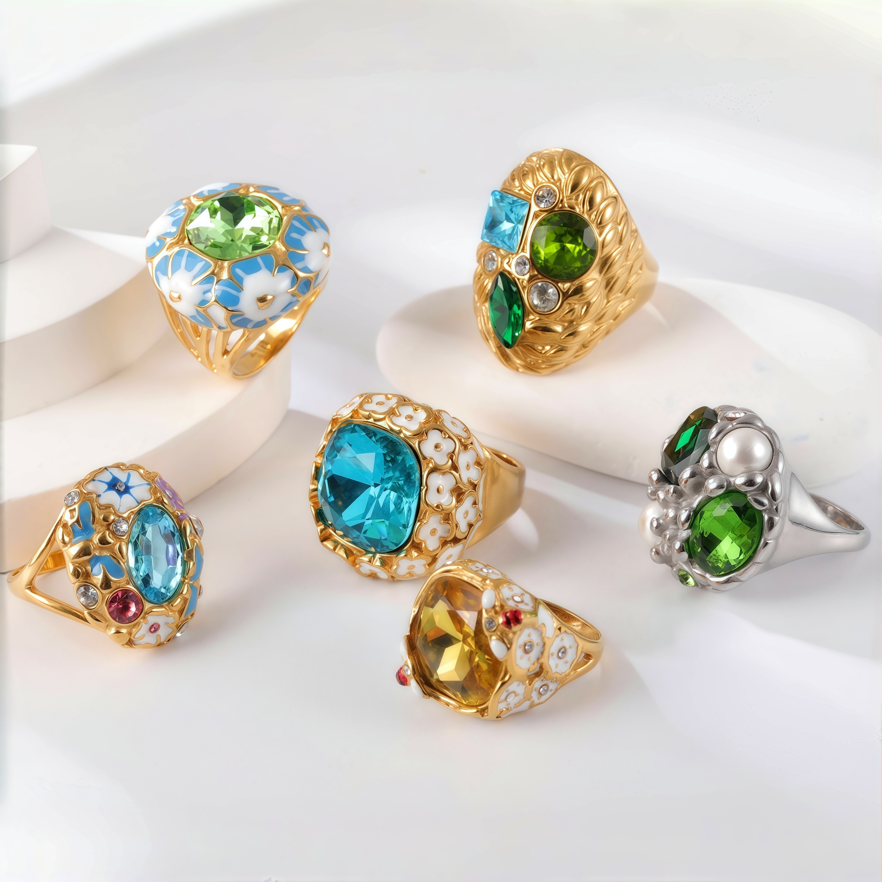 24K Gold PVD Stainless Steel Titanium Gemstone Floral Women's Ring-JinBaoJewerly