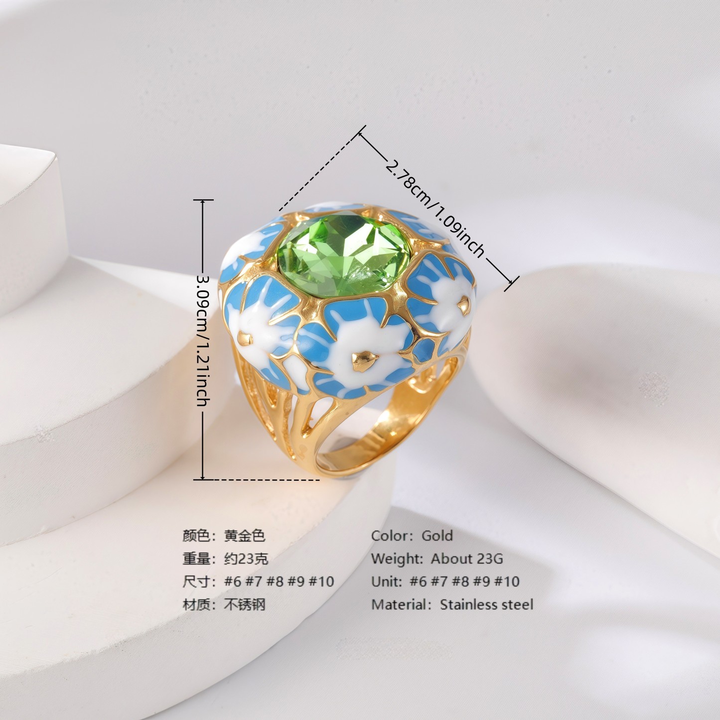 24K Gold PVD Stainless Steel Titanium Gemstone Floral Women's Ring-JinBaoJewerly