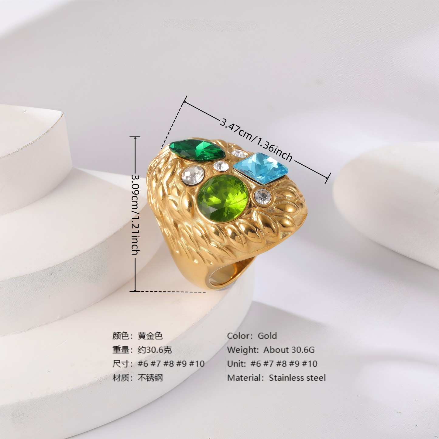 24K Gold PVD Stainless Steel Titanium Gemstone Floral Women's Ring-JinBaoJewerly