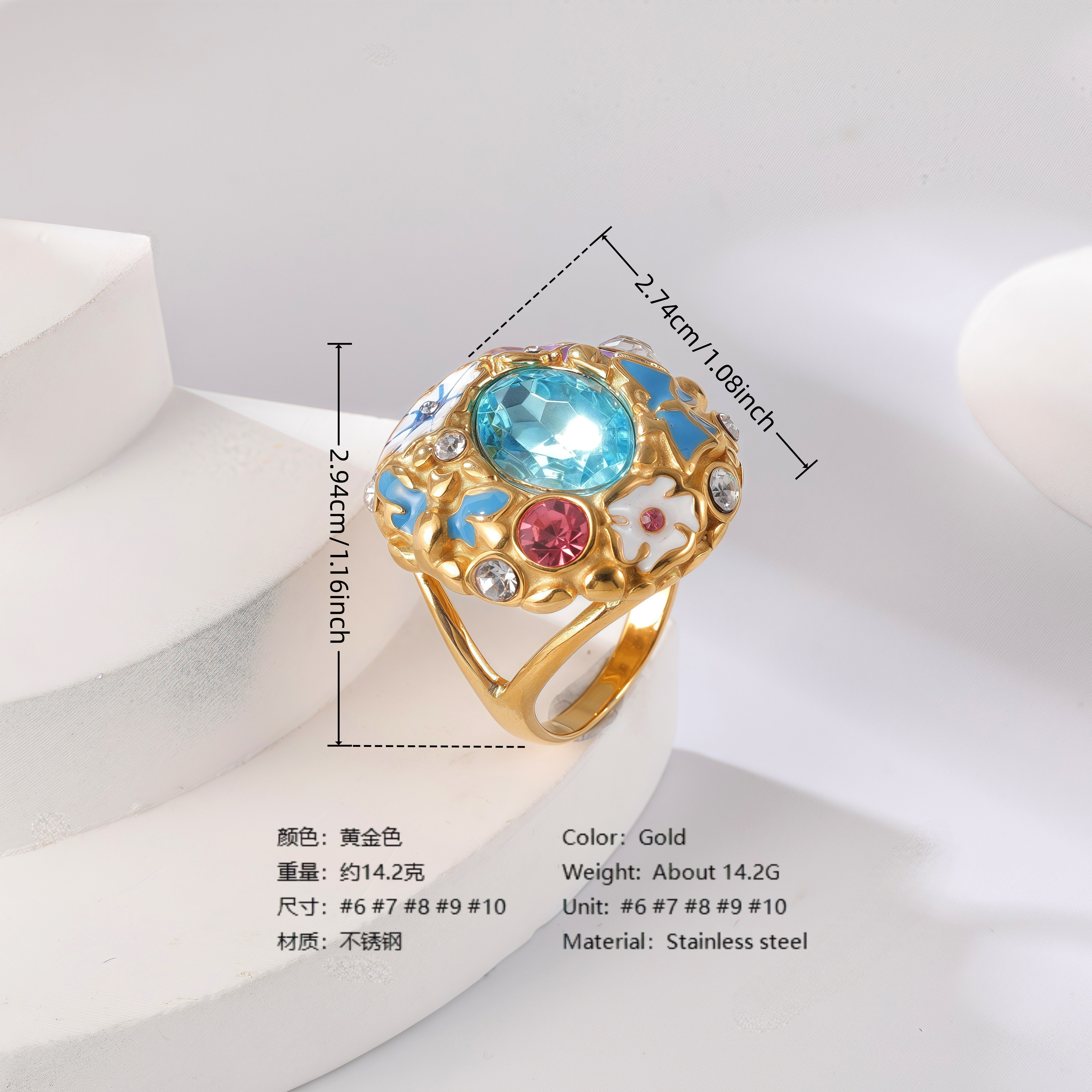 24K Gold PVD Stainless Steel Titanium Gemstone Floral Women's Ring-JinBaoJewerly