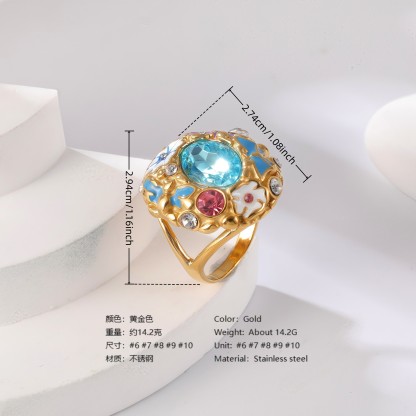 24K Gold PVD Stainless Steel Titanium Gemstone Floral Women's Ring-JinBaoJewerly