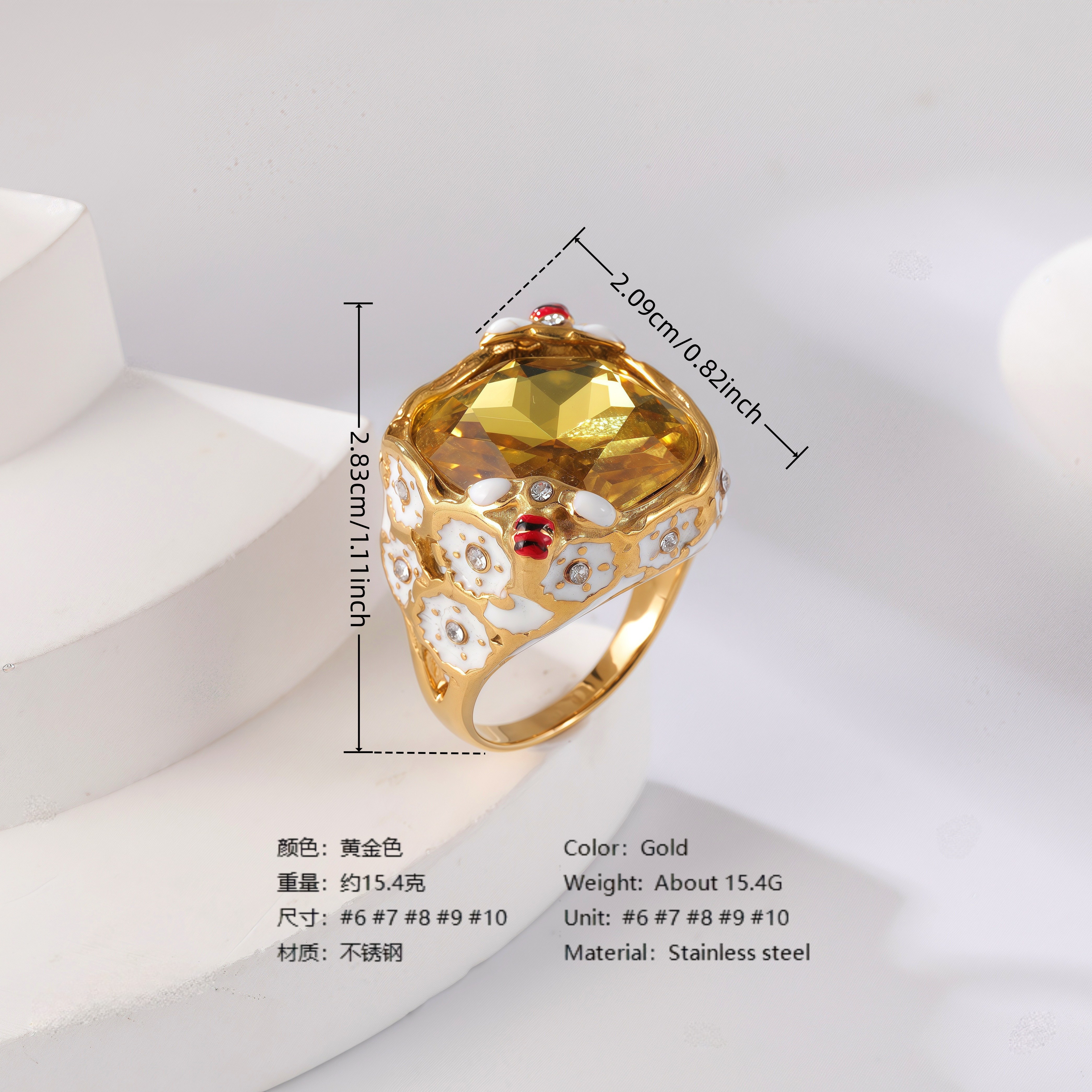 24K Gold PVD Stainless Steel Titanium Gemstone Floral Women's Ring-JinBaoJewerly
