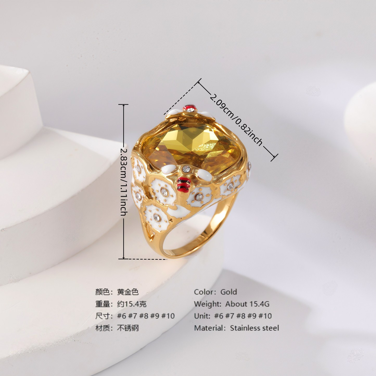 24K Gold PVD Stainless Steel Titanium Gemstone Floral Women's Ring-JinBaoJewerly