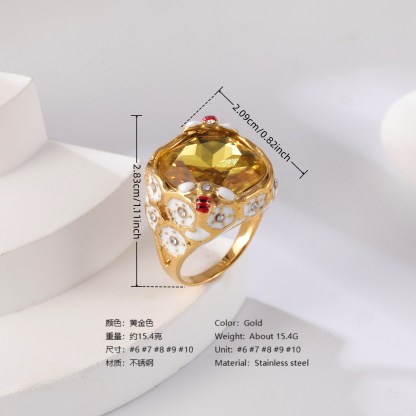 24K Gold PVD Stainless Steel Titanium Gemstone Floral Women's Ring-JinBaoJewerly