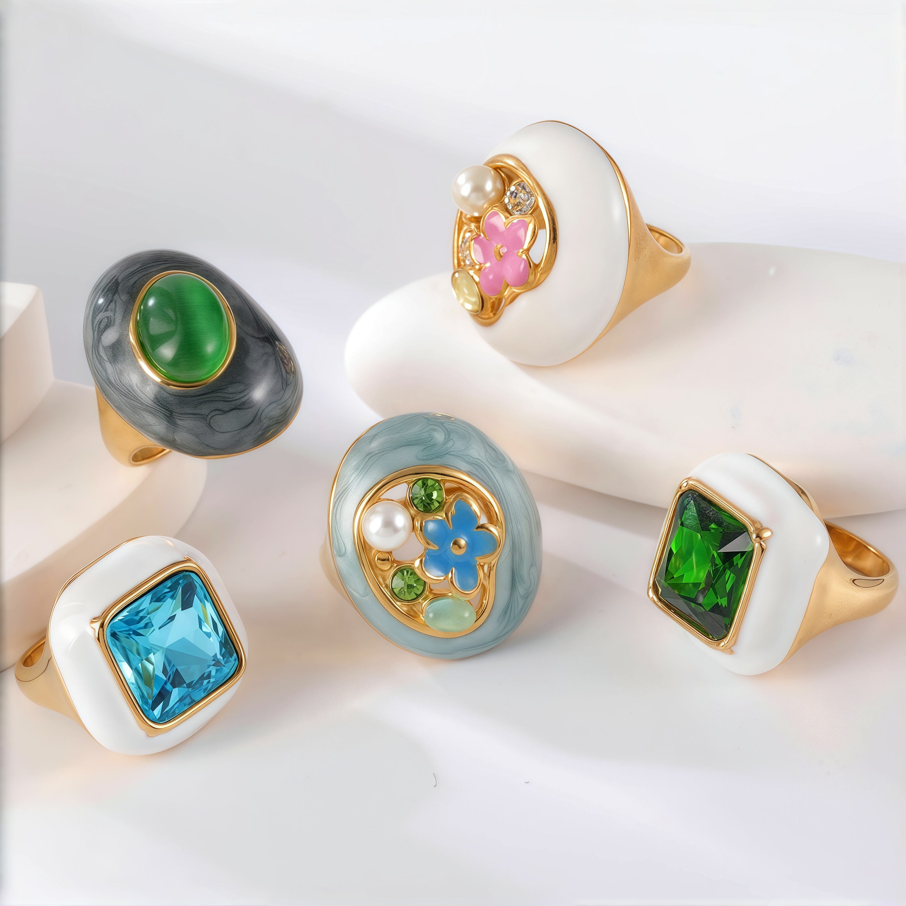 24K Gold PVD Stainless Steel Titanium Flower & Pearl Women's Ring-JinBaoJewerly