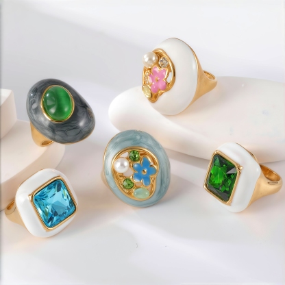 24K Gold PVD Stainless Steel Titanium Flower & Pearl Women's Ring-JinBaoJewerly