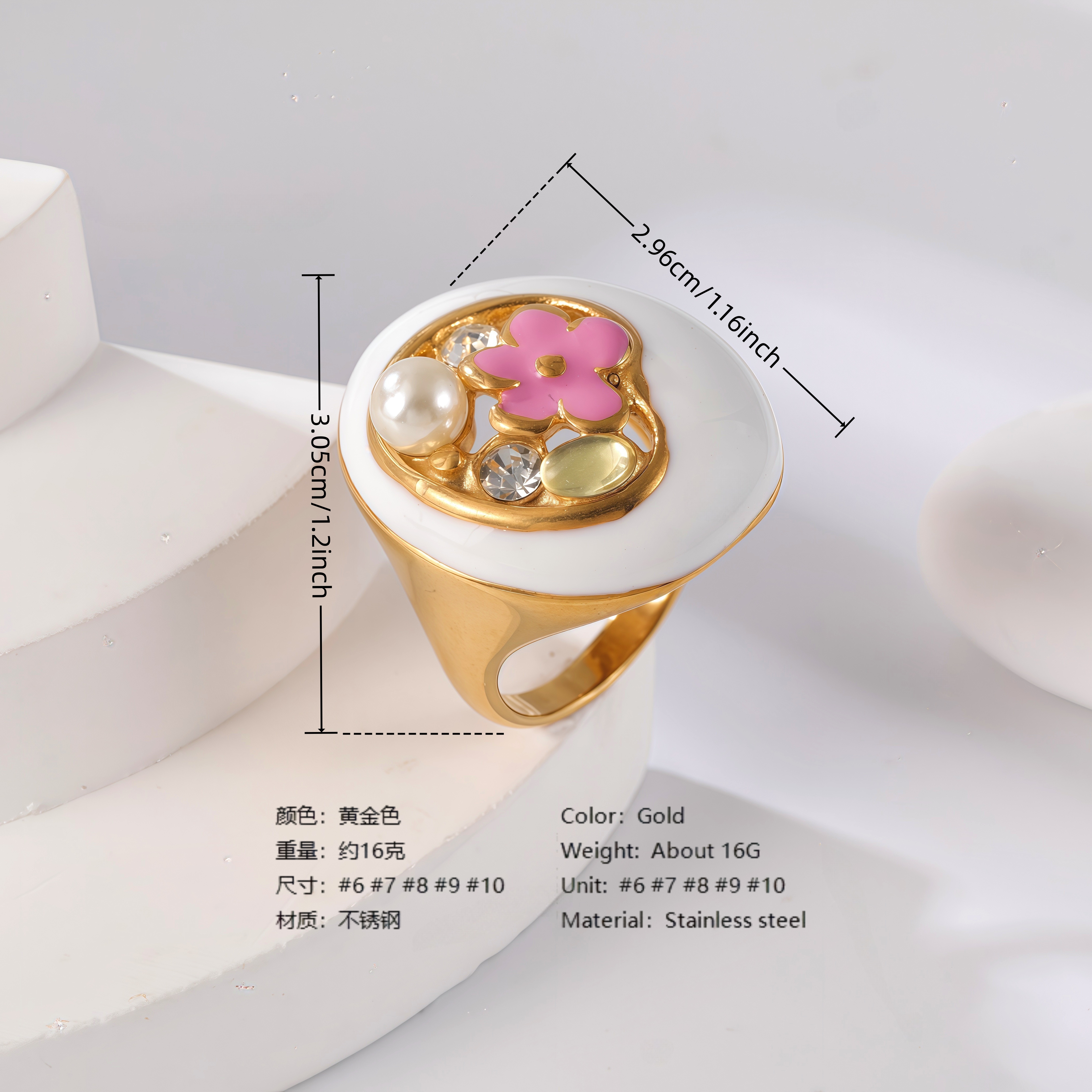 24K Gold PVD Stainless Steel Titanium Flower & Pearl Women's Ring-JinBaoJewerly