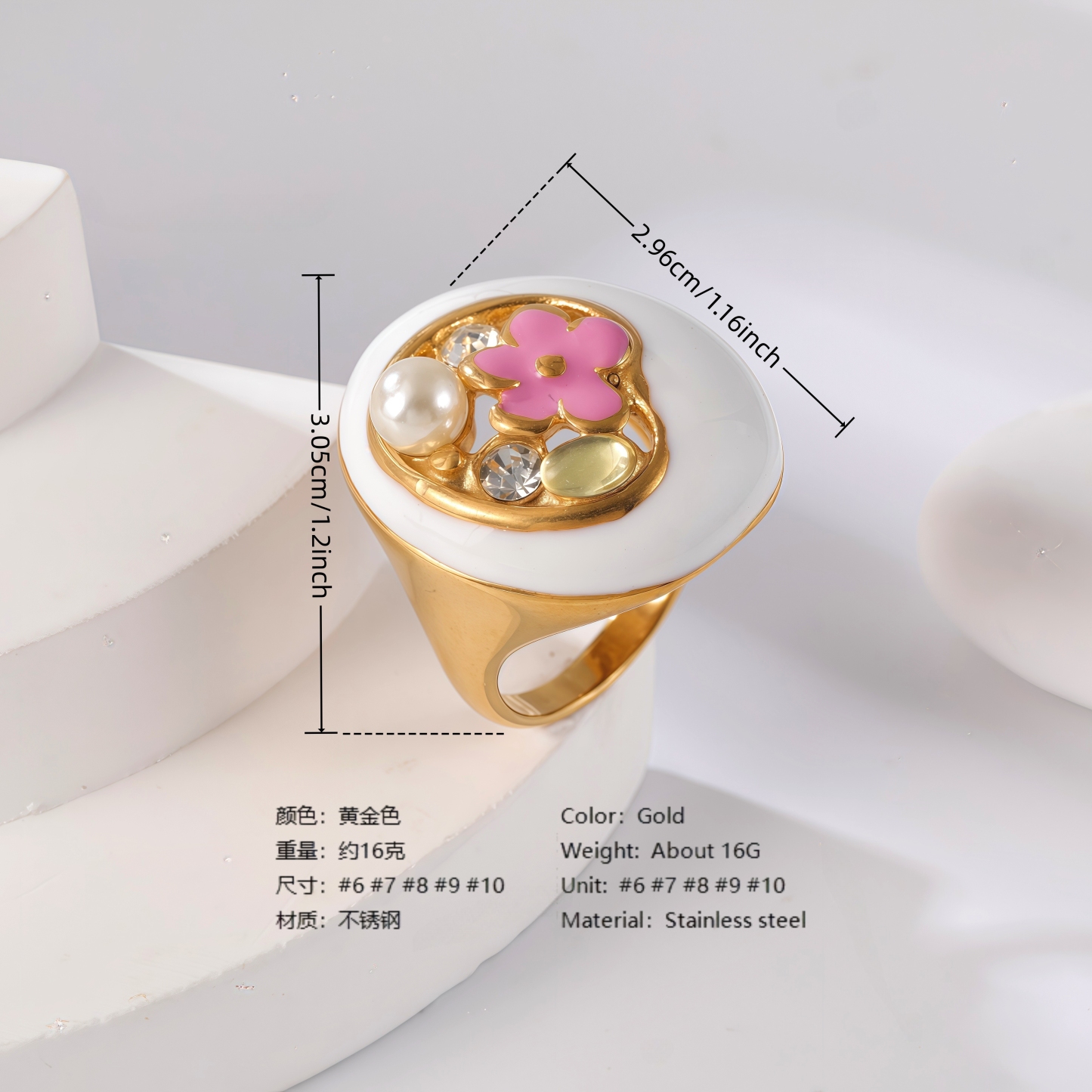 24K Gold PVD Stainless Steel Titanium Flower & Pearl Women's Ring-JinBaoJewerly
