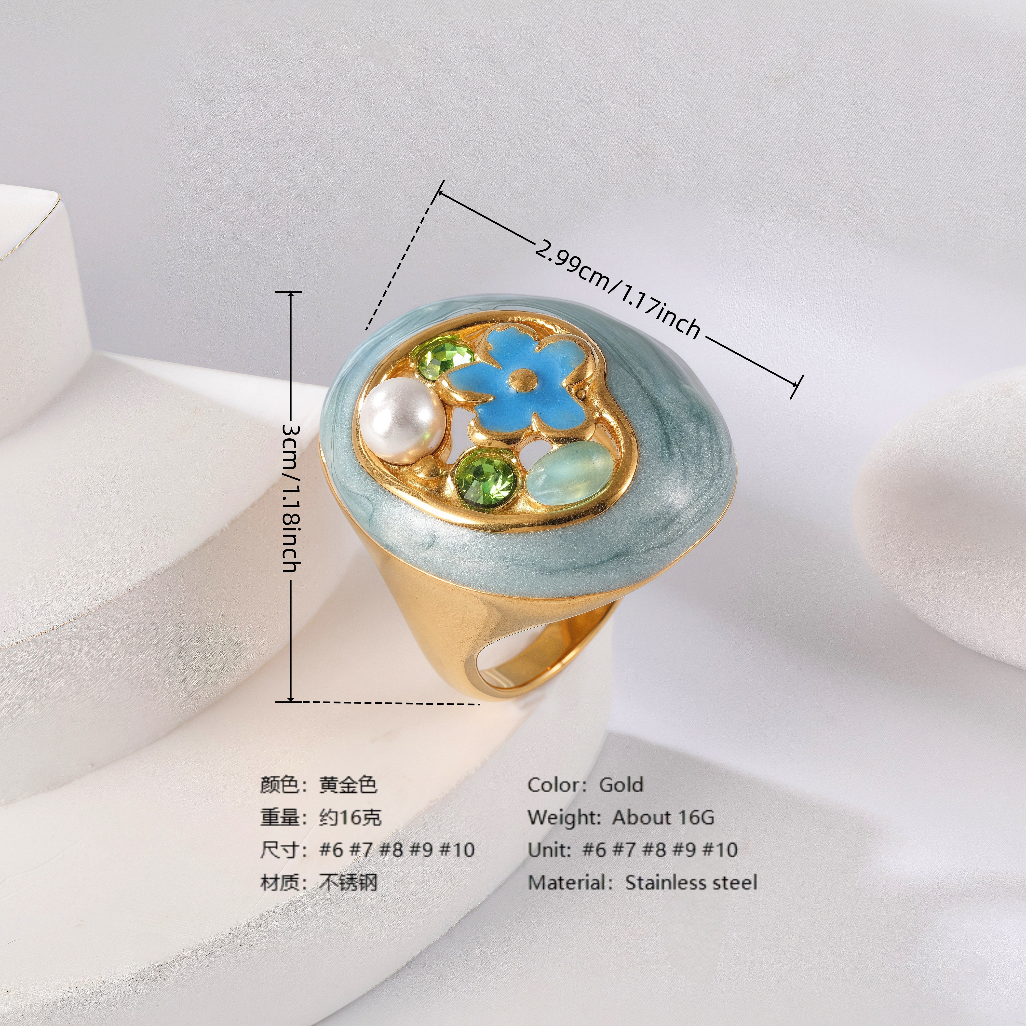 24K Gold PVD Stainless Steel Titanium Flower & Pearl Women's Ring-JinBaoJewerly