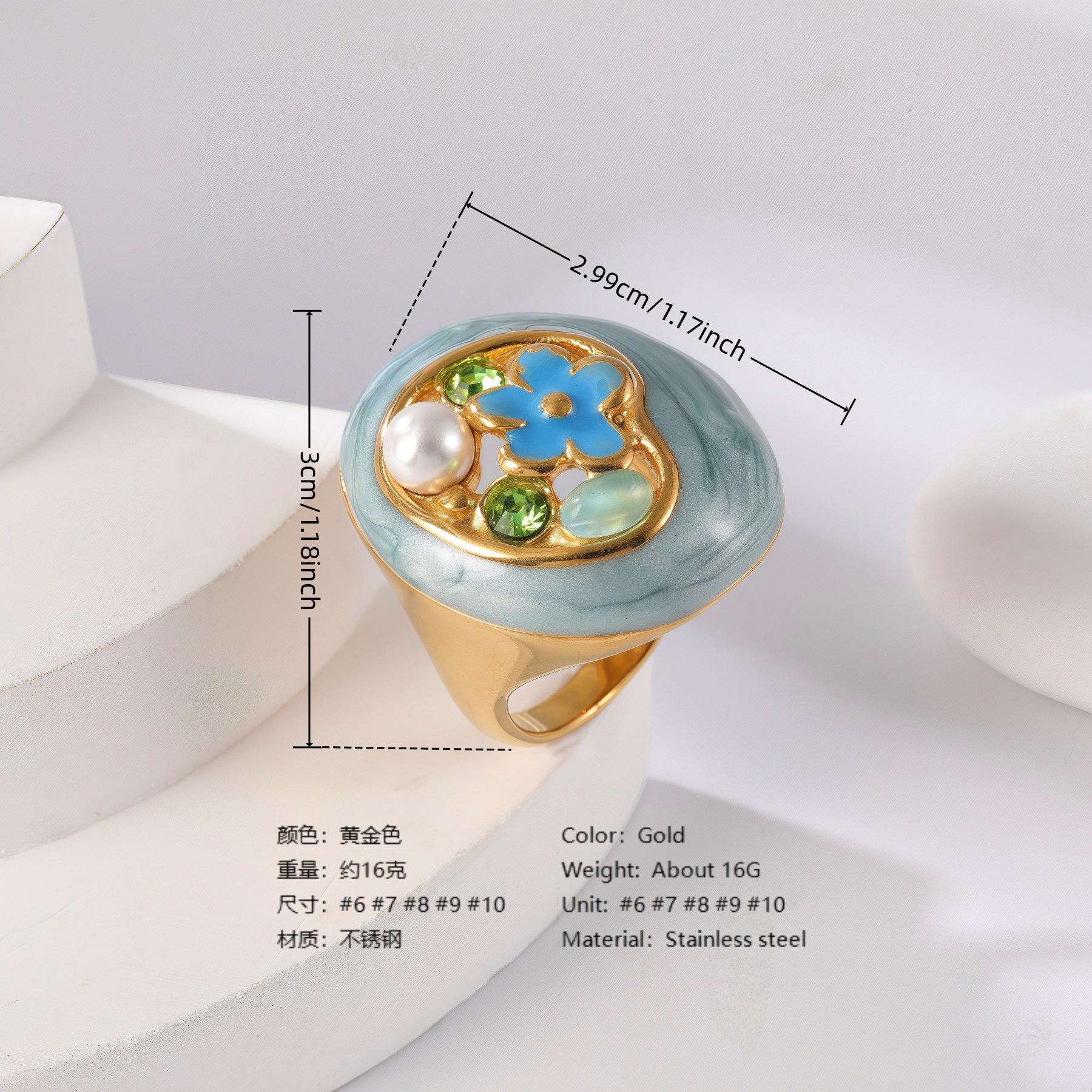 24K Gold PVD Stainless Steel Titanium Flower & Pearl Women's Ring-JinBaoJewerly