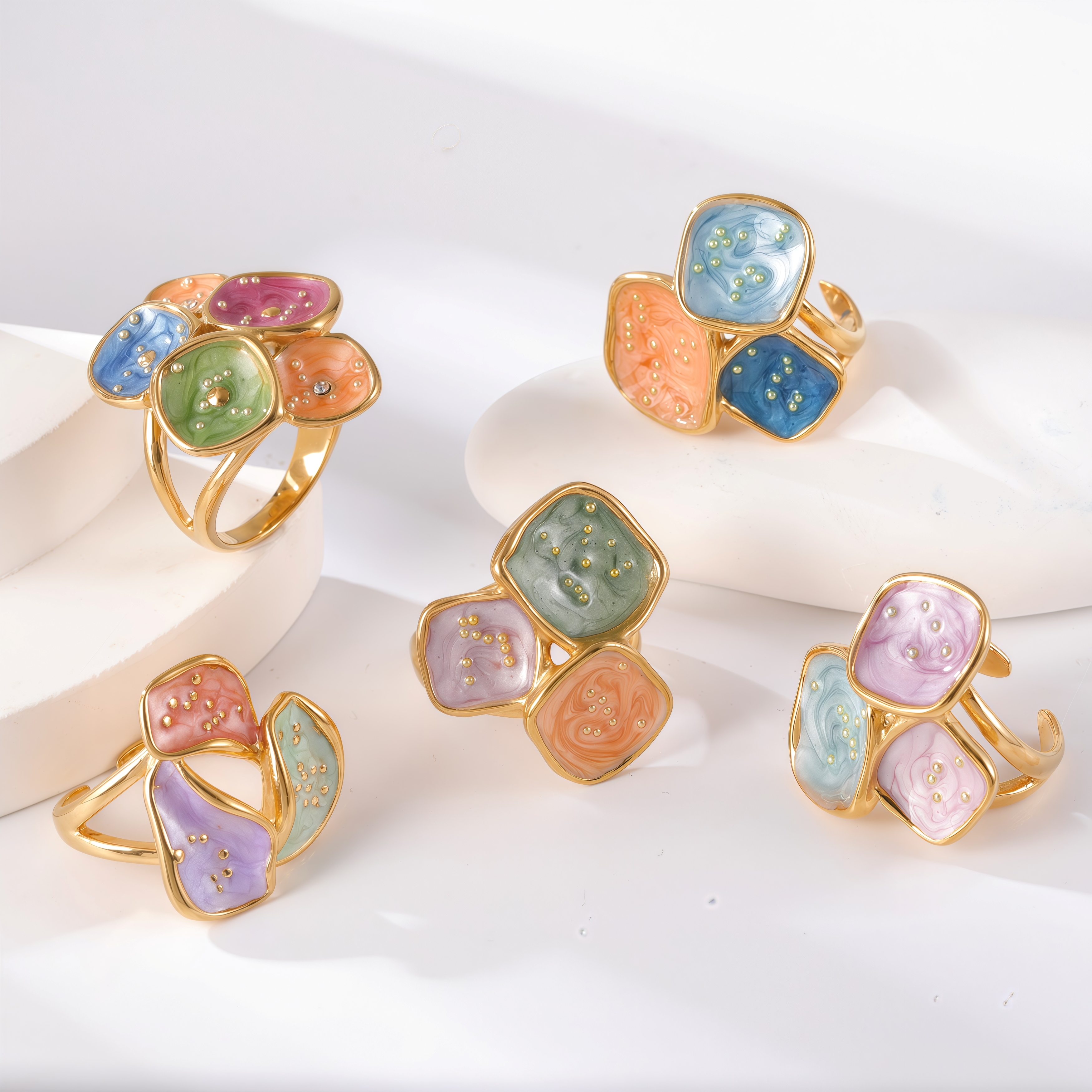 24K Gold PVD Stainless Steel Titanium Colorful Flower Women's Ring-JinBaoJewerly