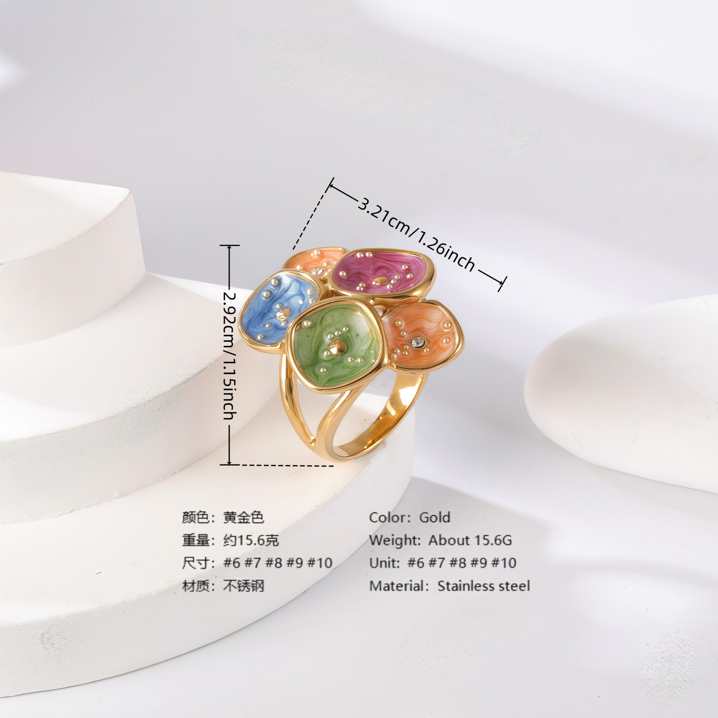 24K Gold PVD Stainless Steel Titanium Colorful Flower Women's Ring-JinBaoJewerly