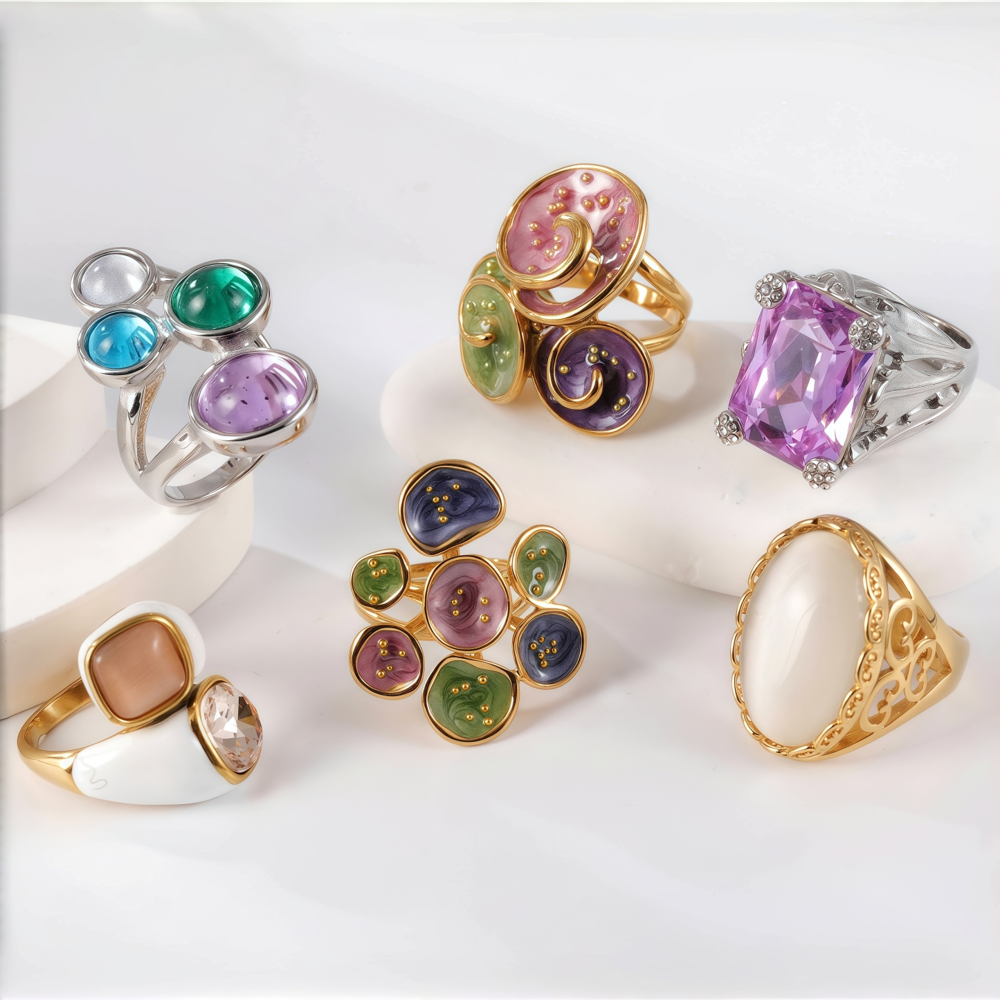 24K Gold PVD Stainless Steel Titanium Elegant Multi-Color Gemstone Women's Ring-JinBaoJewerly