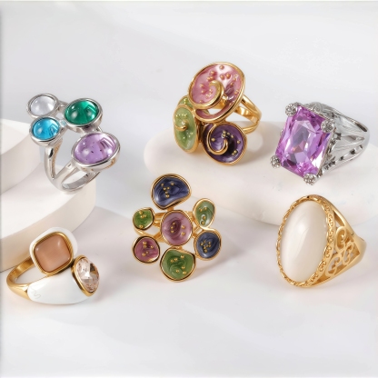 24K Gold PVD Stainless Steel Titanium Elegant Multi-Color Gemstone Women's Ring-JinBaoJewerly