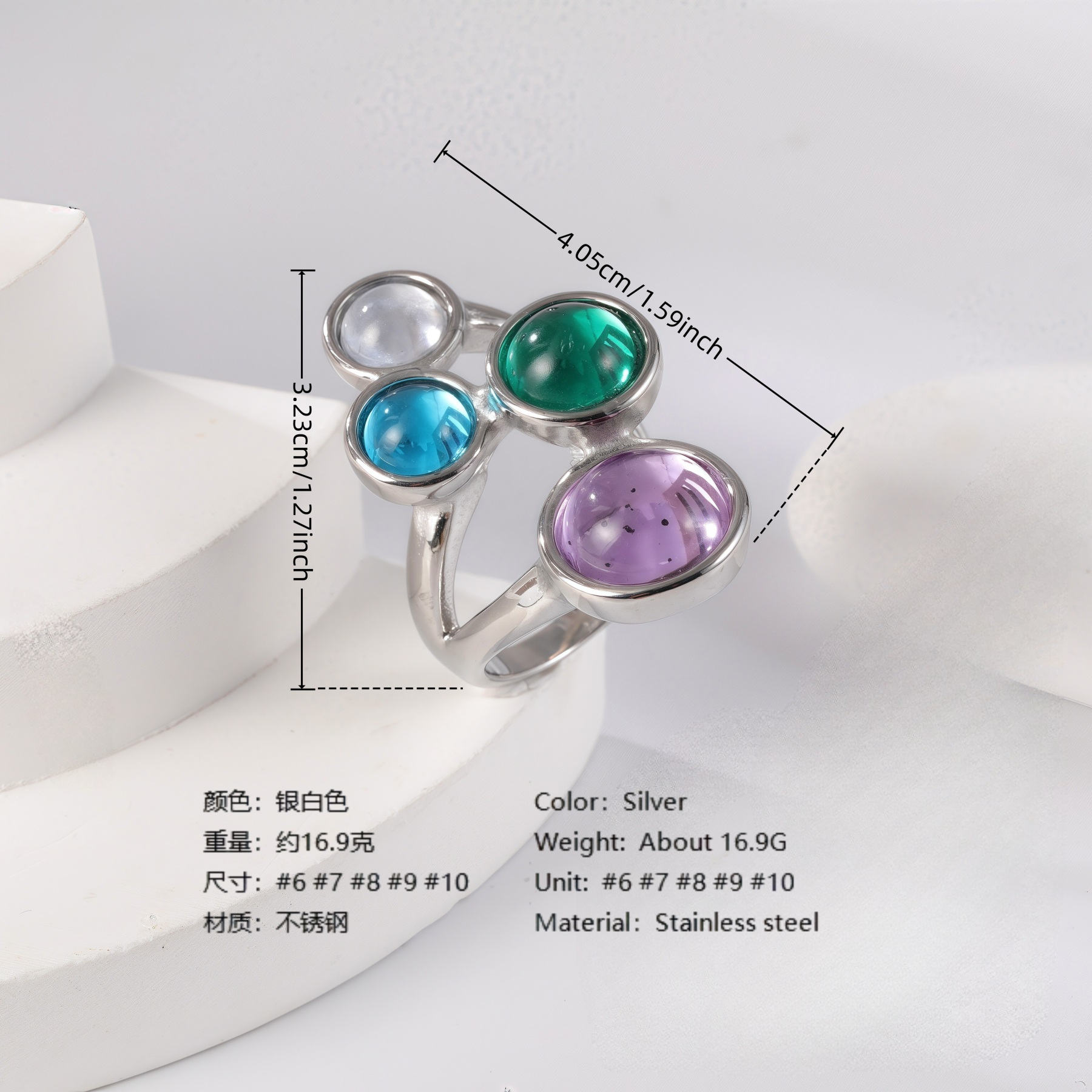 24K Gold PVD Stainless Steel Titanium Elegant Multi-Color Gemstone Women's Ring-JinBaoJewerly
