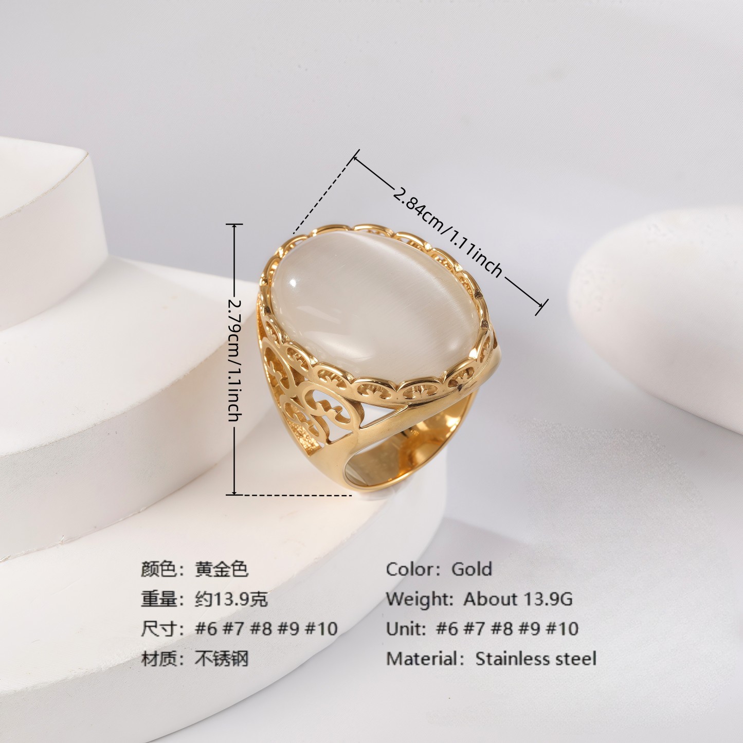 24K Gold PVD Stainless Steel Titanium Elegant Multi-Color Gemstone Women's Ring-JinBaoJewerly