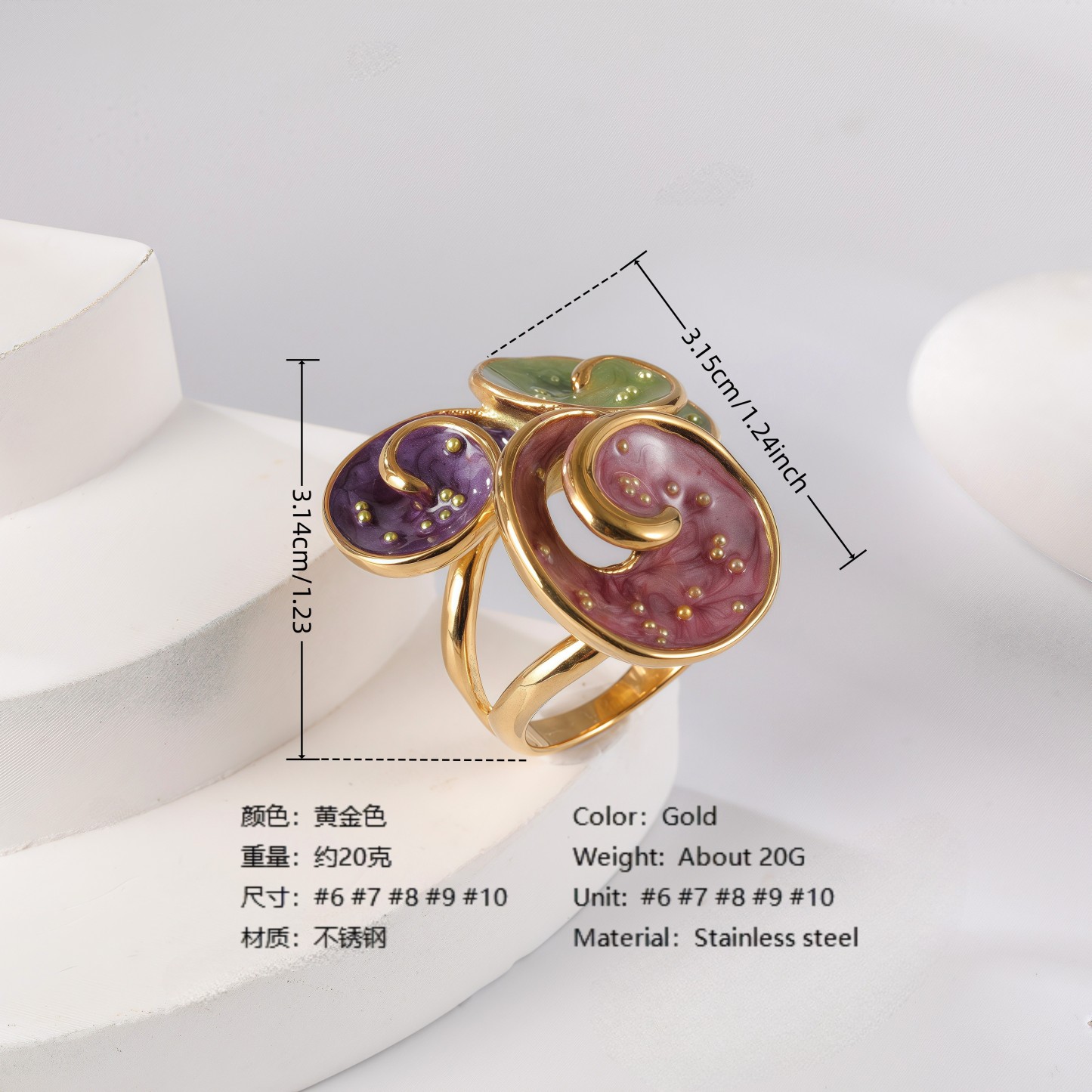 24K Gold PVD Stainless Steel Titanium Elegant Multi-Color Gemstone Women's Ring-JinBaoJewerly