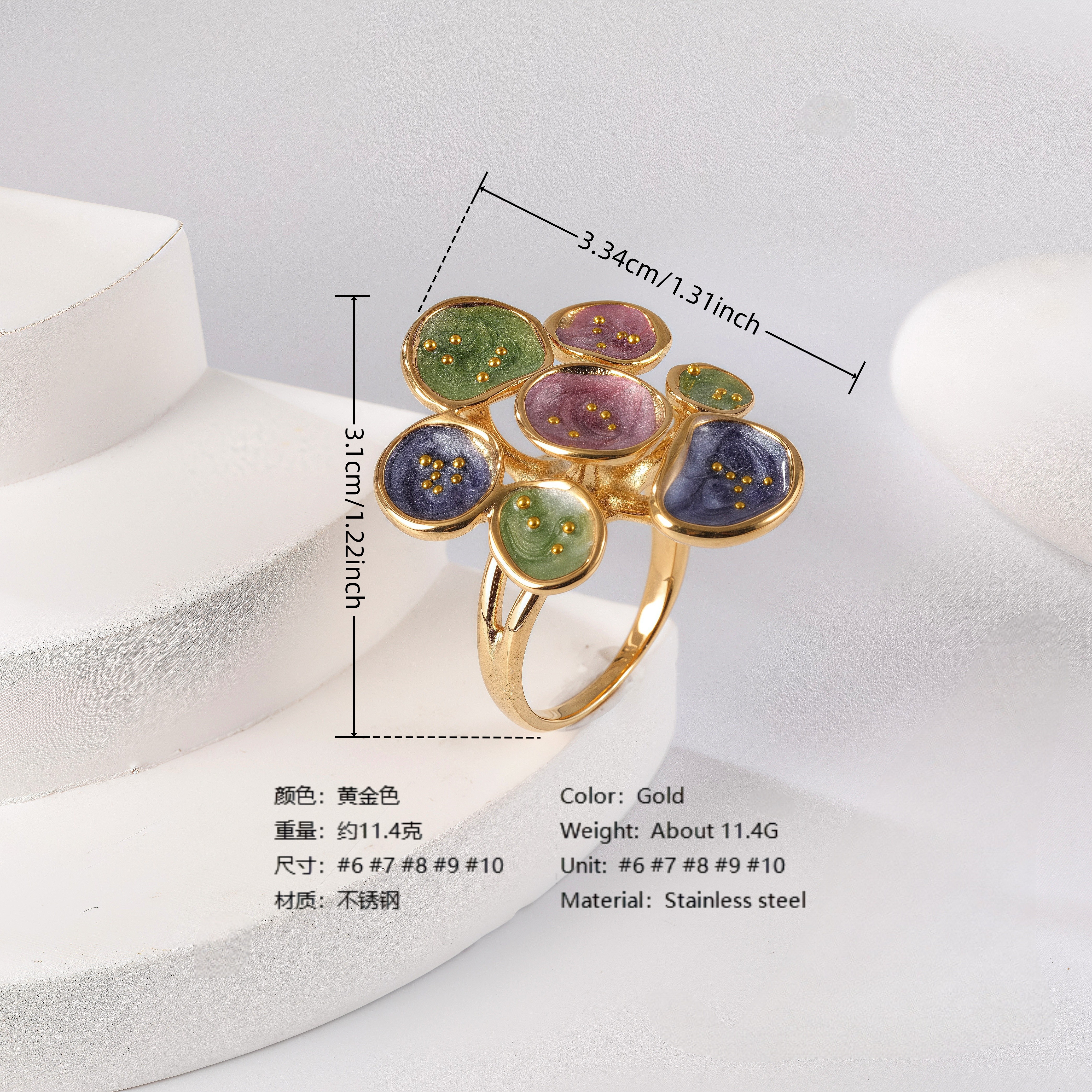 24K Gold PVD Stainless Steel Titanium Elegant Multi-Color Gemstone Women's Ring-JinBaoJewerly