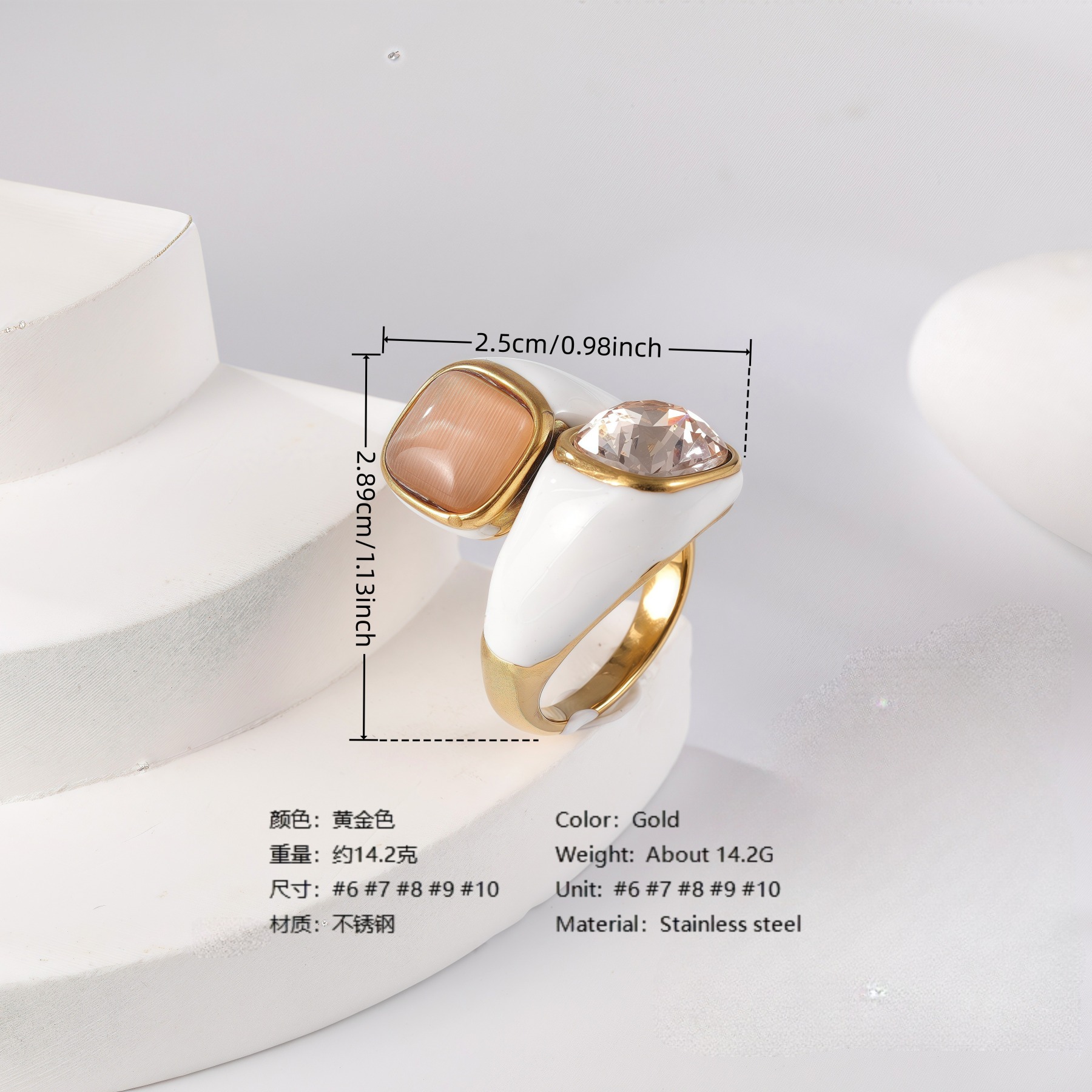 24K Gold PVD Stainless Steel Titanium Elegant Multi-Color Gemstone Women's Ring-JinBaoJewerly