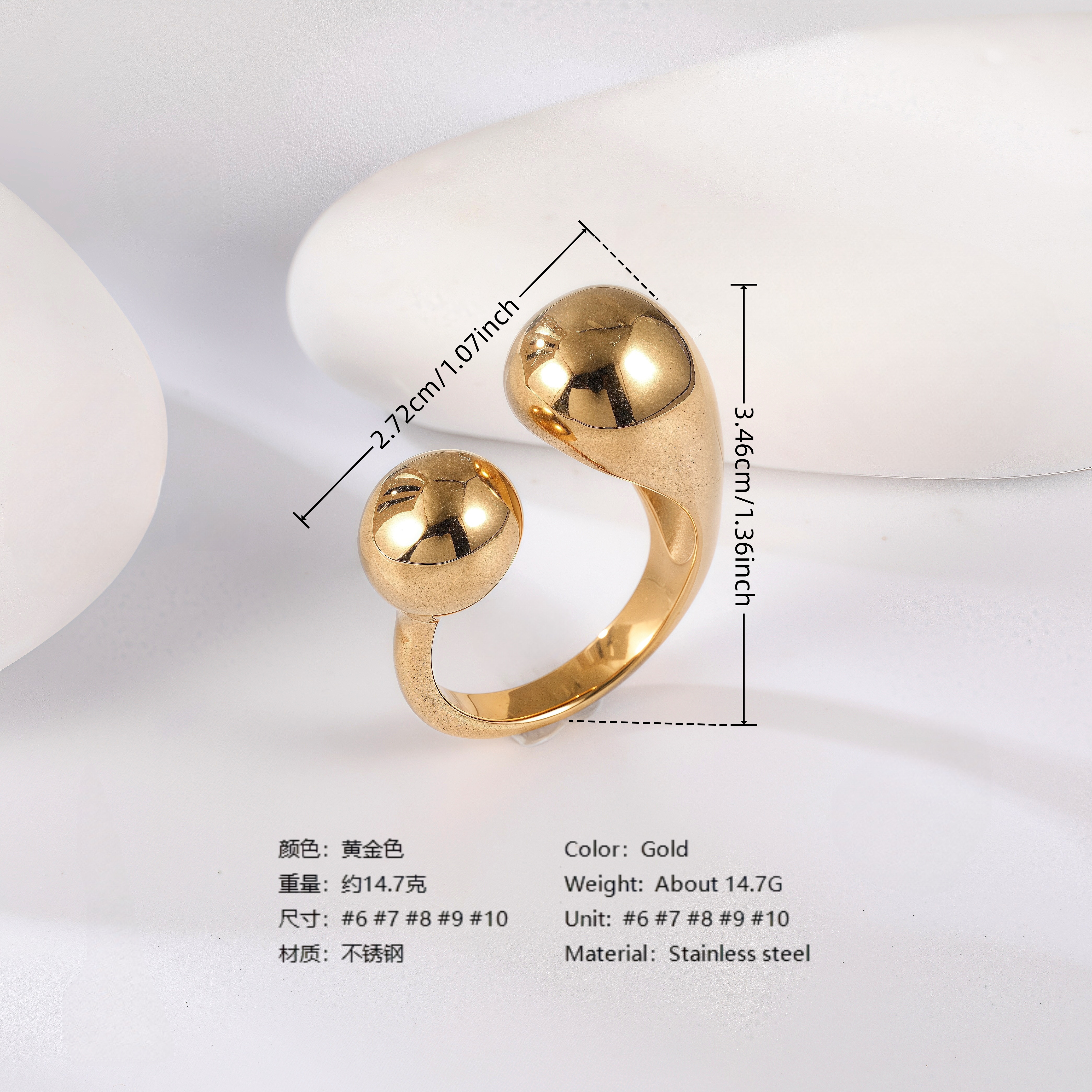24K Gold PVD Stainless Steel Titanium Modern Sculpted Women's Ring-JinBaoJewerly