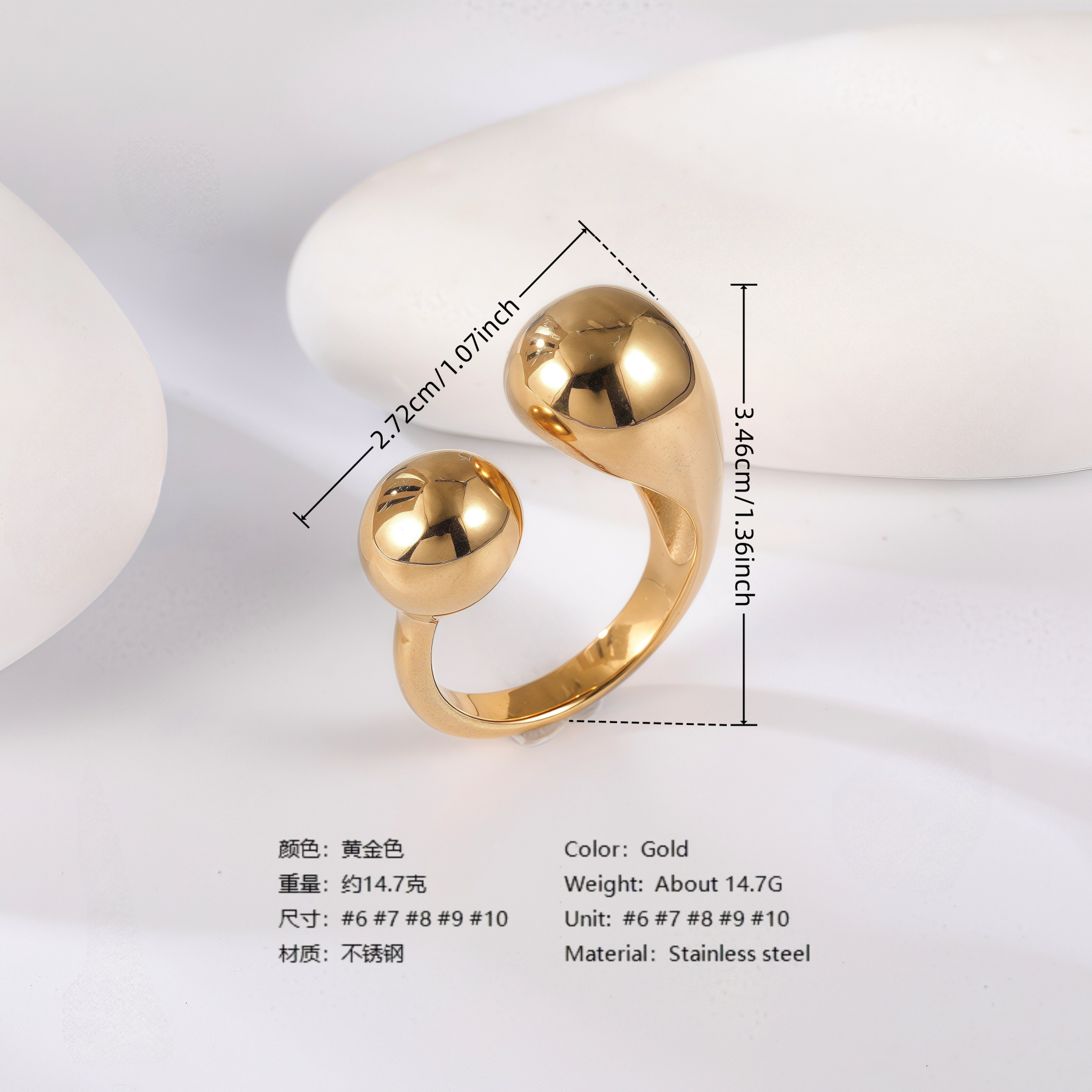 24K Gold PVD Stainless Steel Titanium Modern Sculpted Women's Ring-JinBaoJewerly
