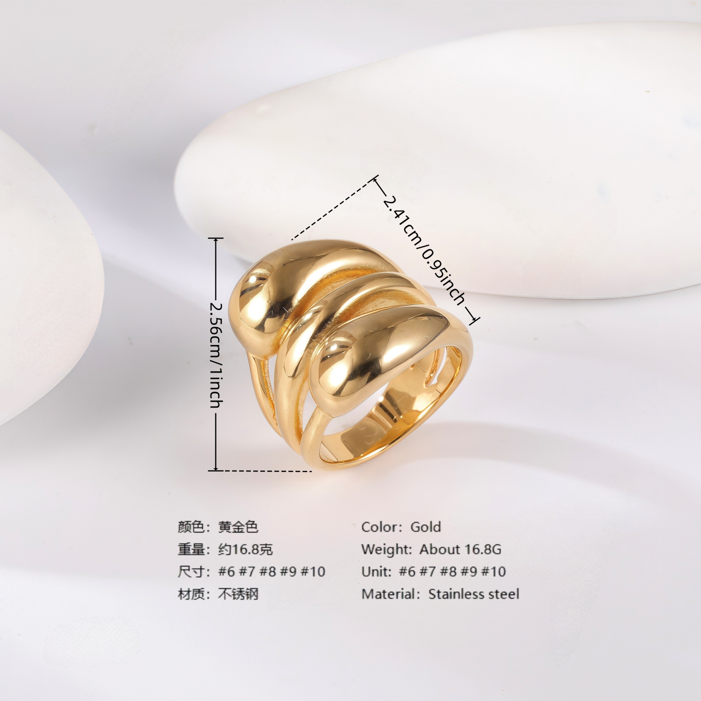 24K Gold PVD Stainless Steel Titanium Wave & Streamline Women's Ring-JinBaoJewerly