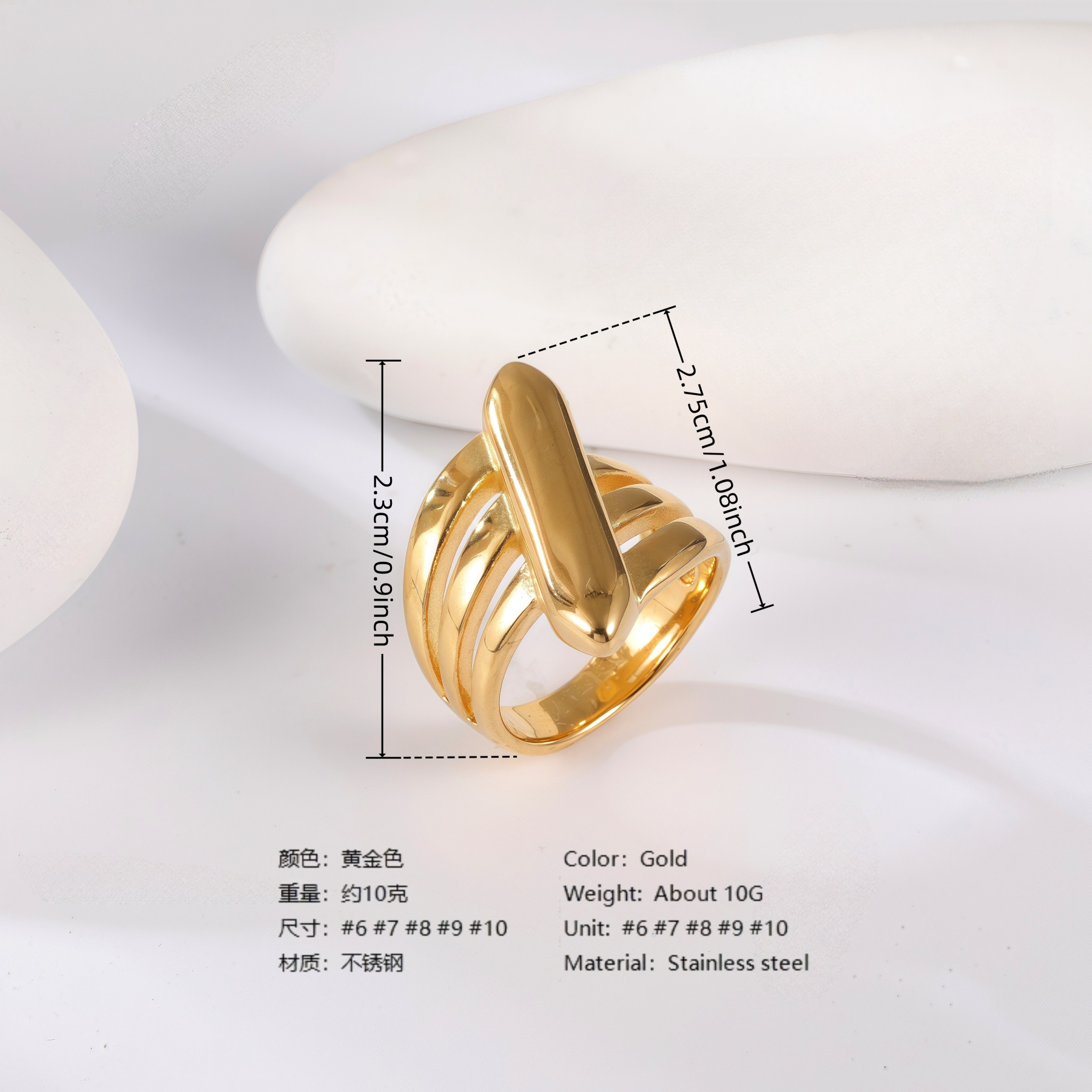 24K Gold PVD Stainless Steel Titanium Wave & Streamline Women's Ring-JinBaoJewerly