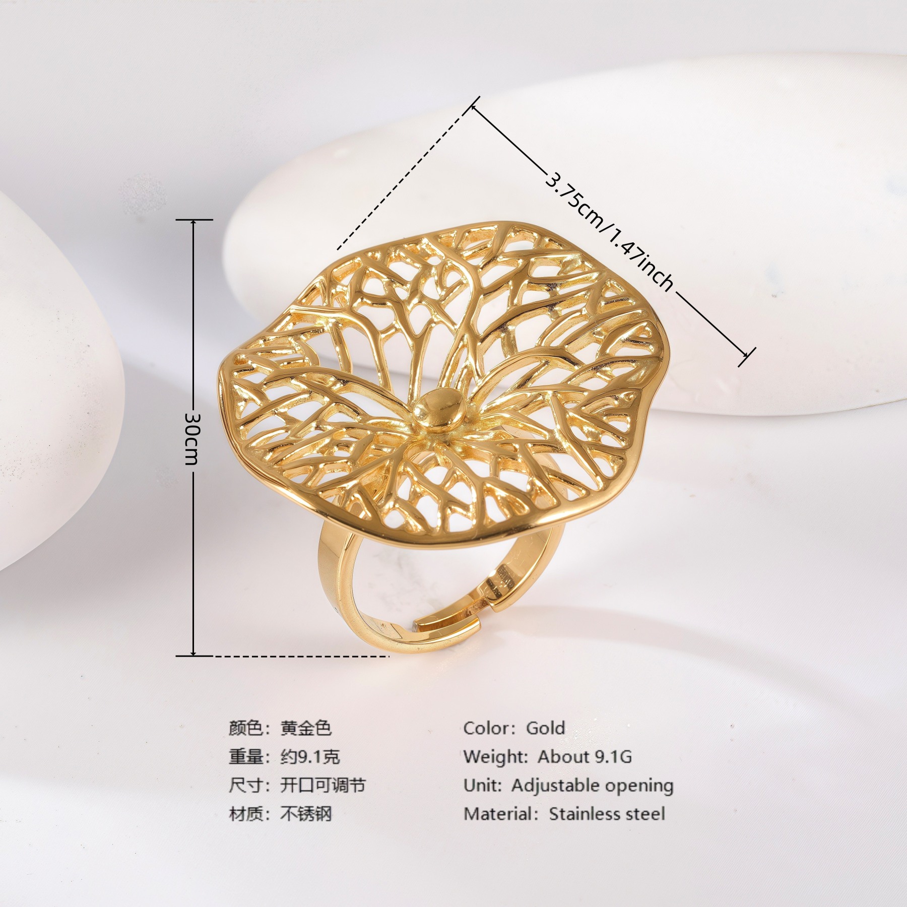 24K Gold PVD Stainless Steel Titanium Floral Pearl Adjustable Women's Ring-JinBaoJewerly