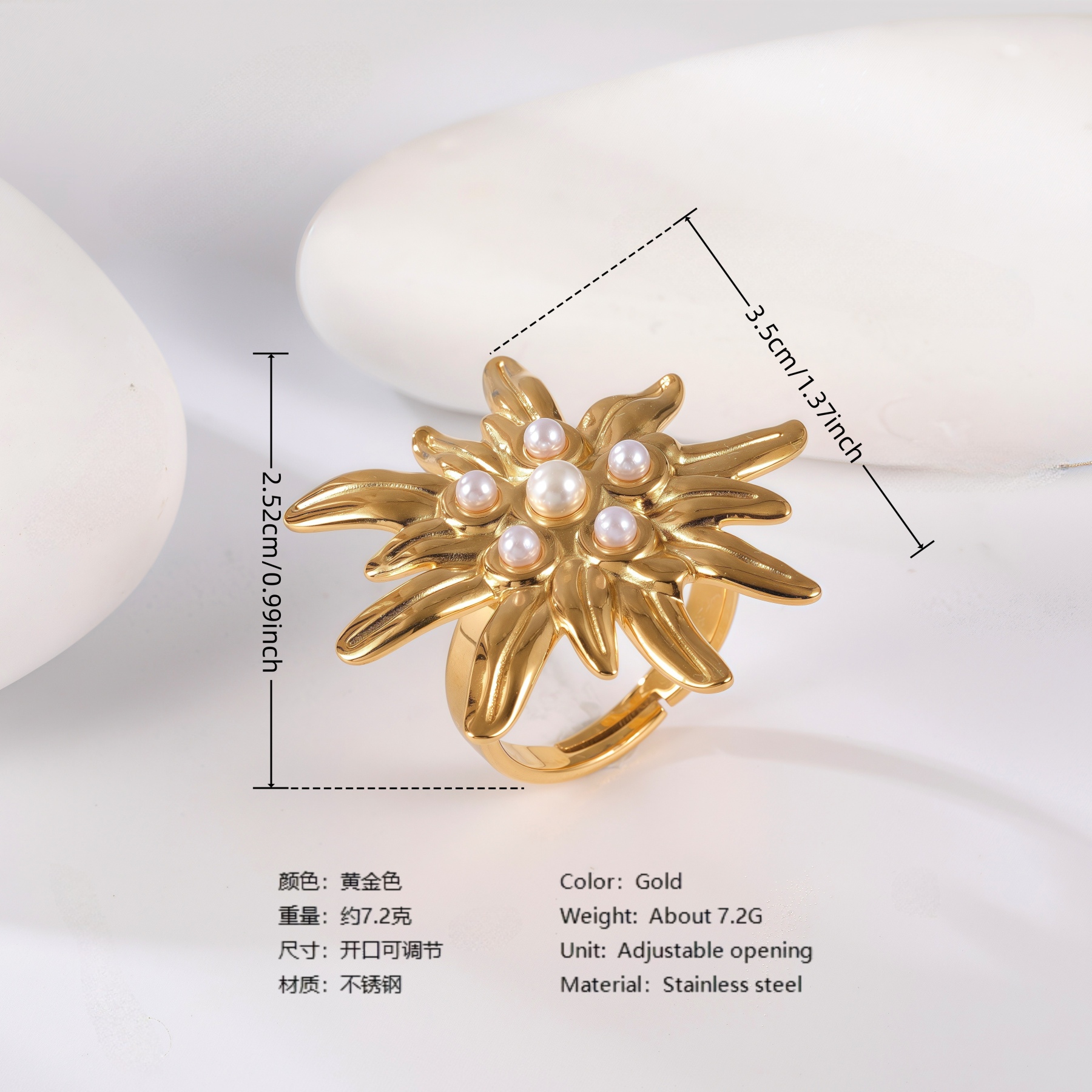24K Gold PVD Stainless Steel Titanium Floral Pearl Adjustable Women's Ring-JinBaoJewerly