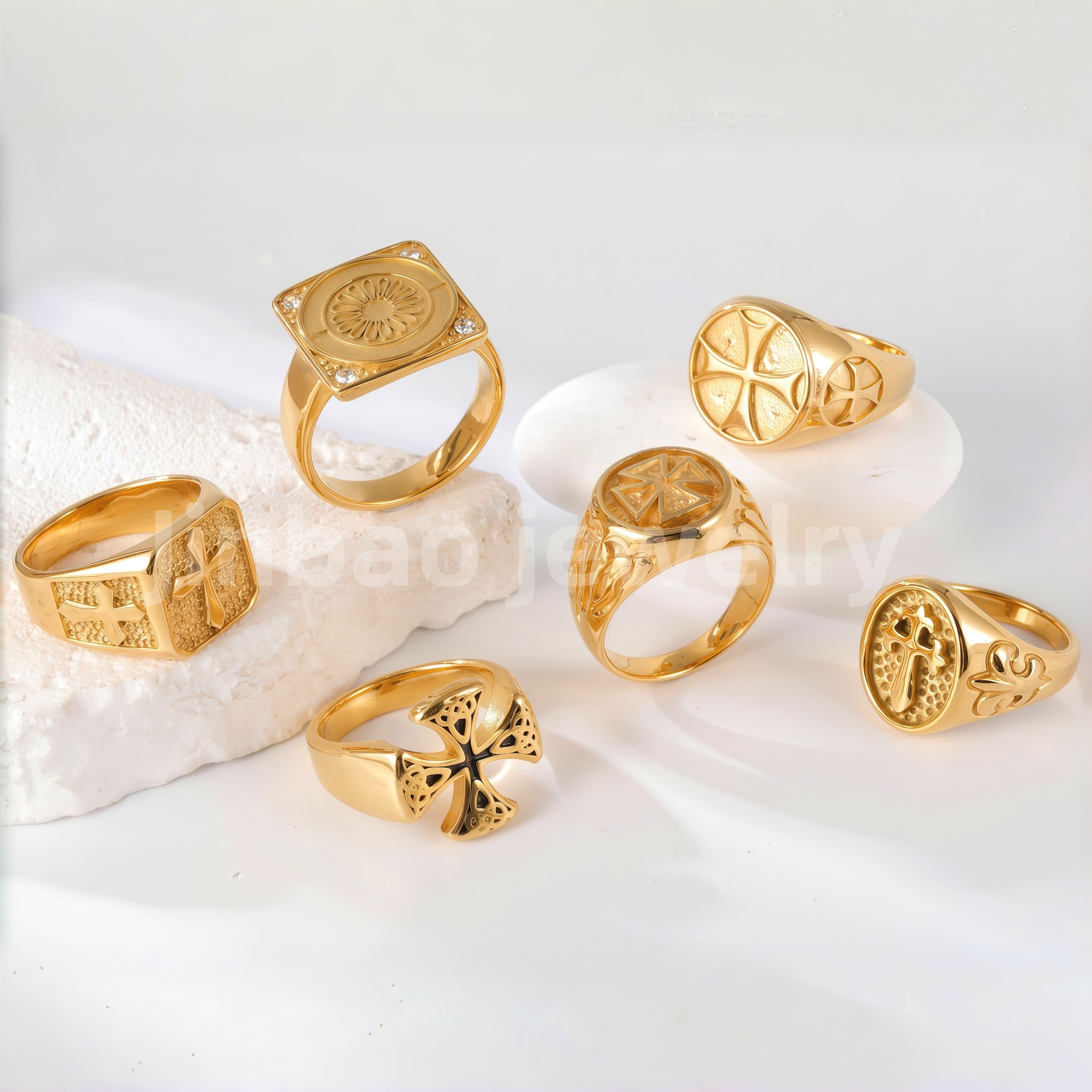 24K Gold PVD Stainless Steel Titanium Cross Pattern Men's Ring-JinBaoJewerly