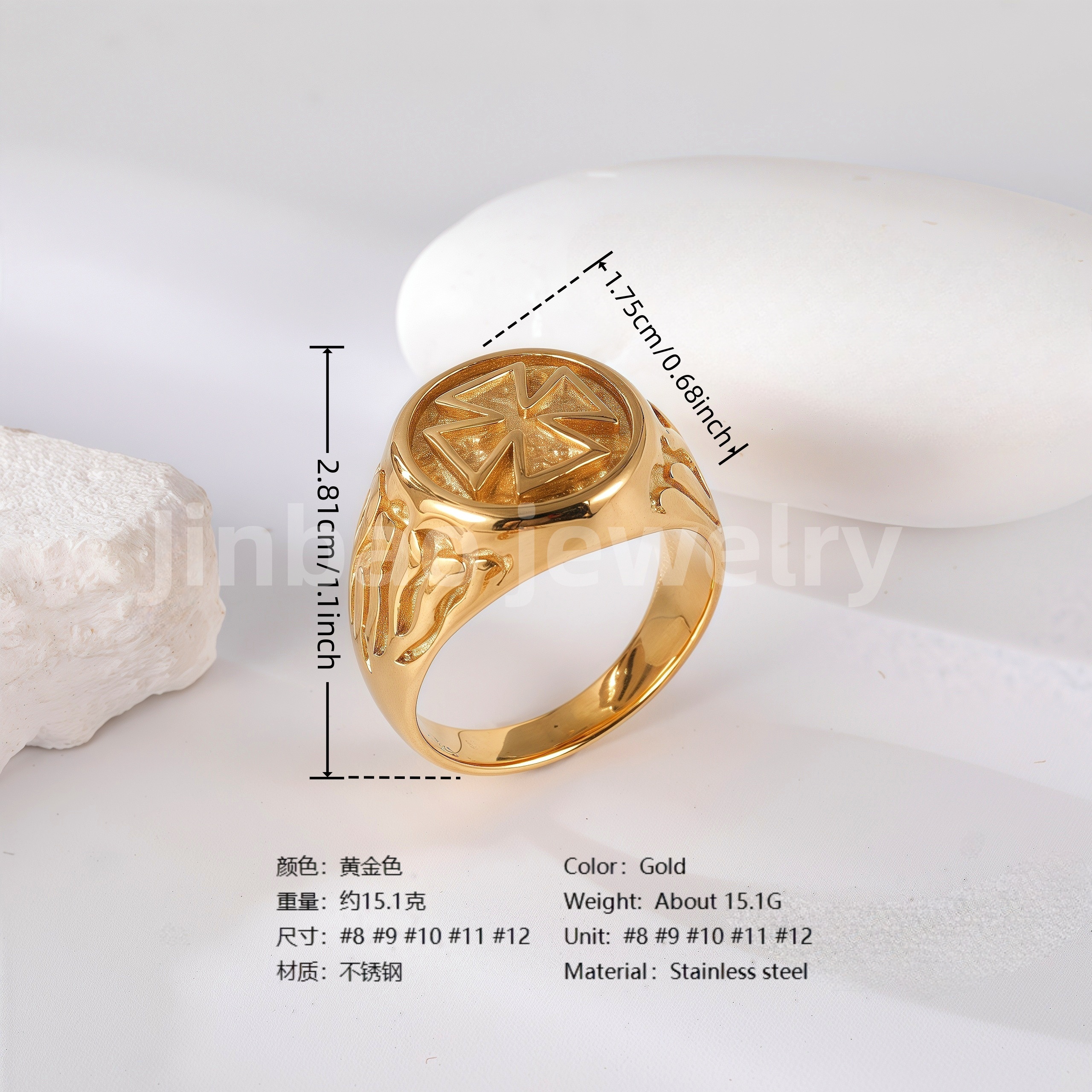 24K Gold PVD Stainless Steel Titanium Cross Pattern Men's Ring-JinBaoJewerly