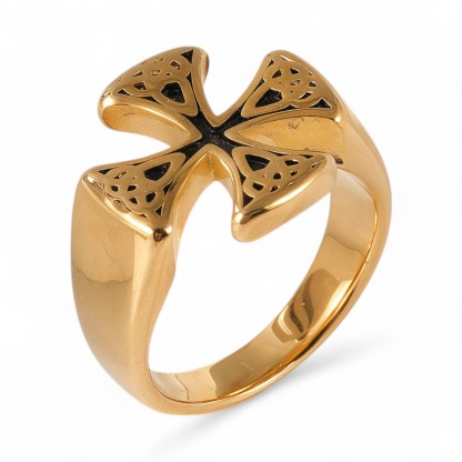 24K Gold PVD Stainless Steel Titanium Cross Pattern Men's Ring-JinBaoJewerly