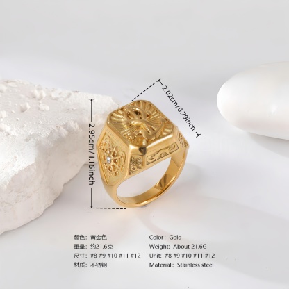 24K Gold PVD Stainless Steel Titanium Lion-Themed Men's Ring-JinBaoJewerly