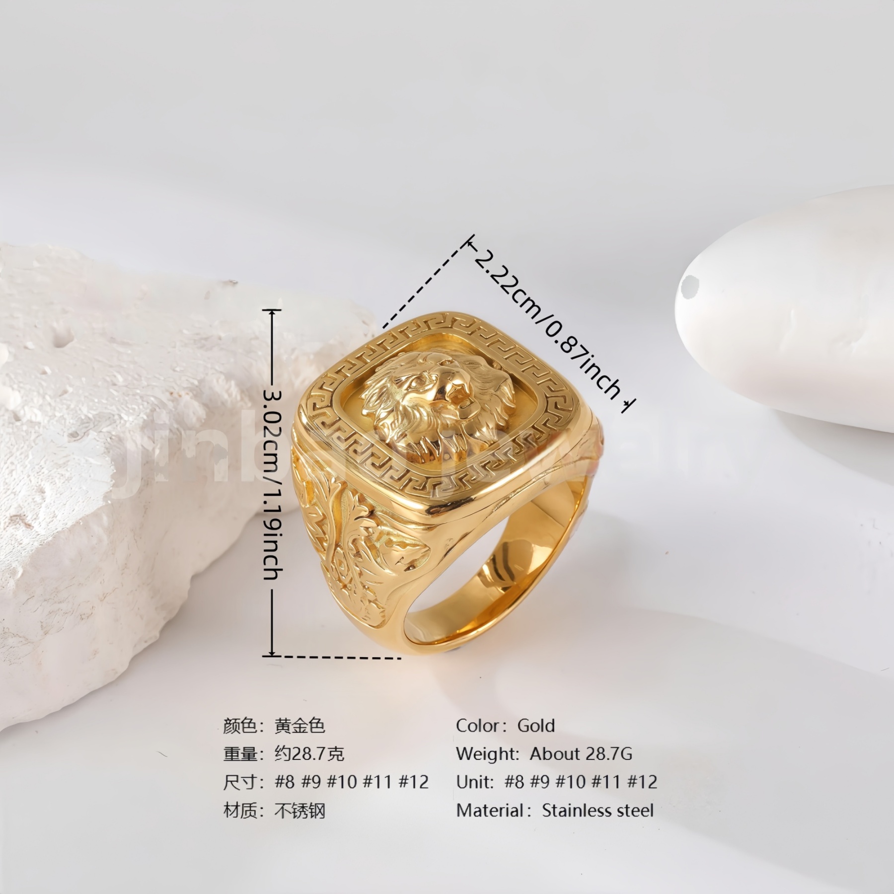 24K Gold PVD Stainless Steel Titanium Lion-Themed Men's Ring-JinBaoJewerly