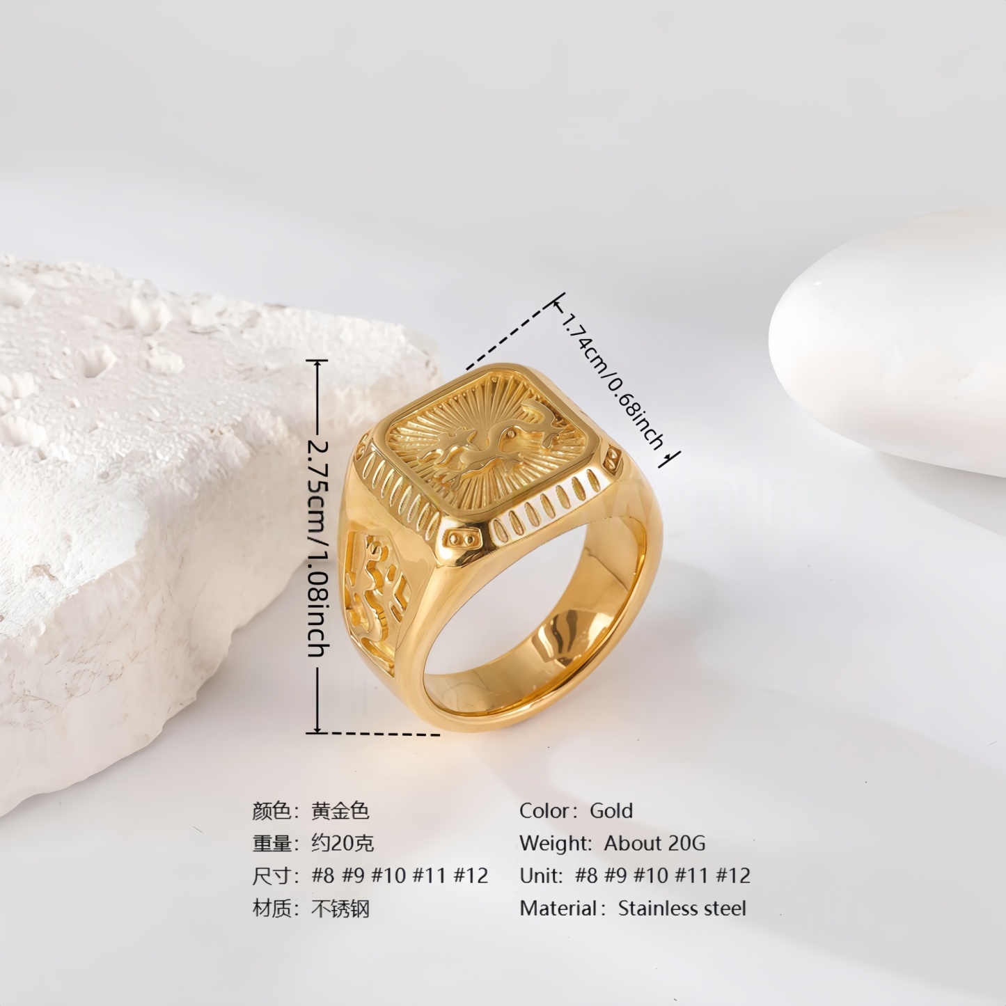 24K Gold PVD Stainless Steel Titanium Lion-Themed Men's Ring-JinBaoJewerly