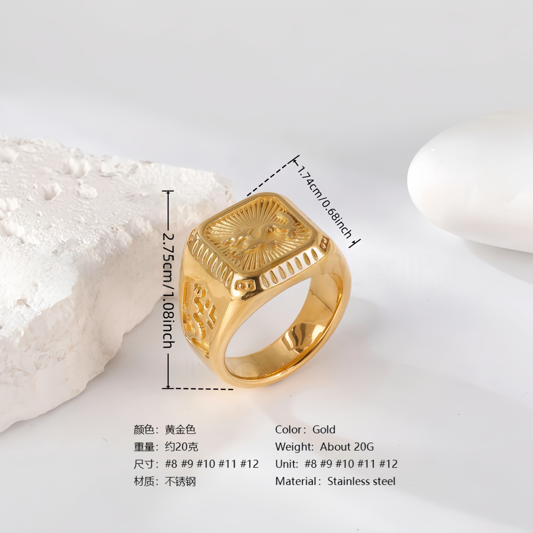 24K Gold PVD Stainless Steel Titanium Lion-Themed Men's Ring-JinBaoJewerly