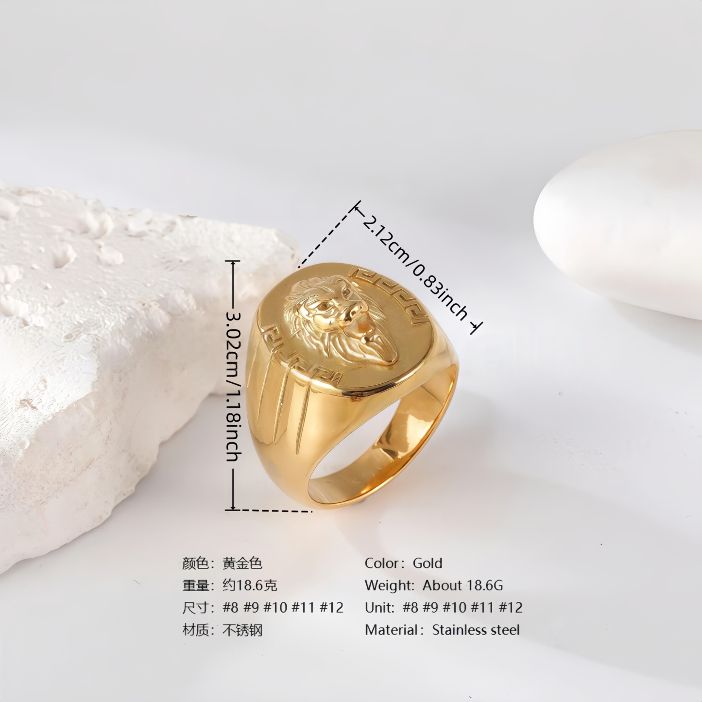 24K Gold PVD Stainless Steel Titanium Lion-Themed Men's Ring-JinBaoJewerly