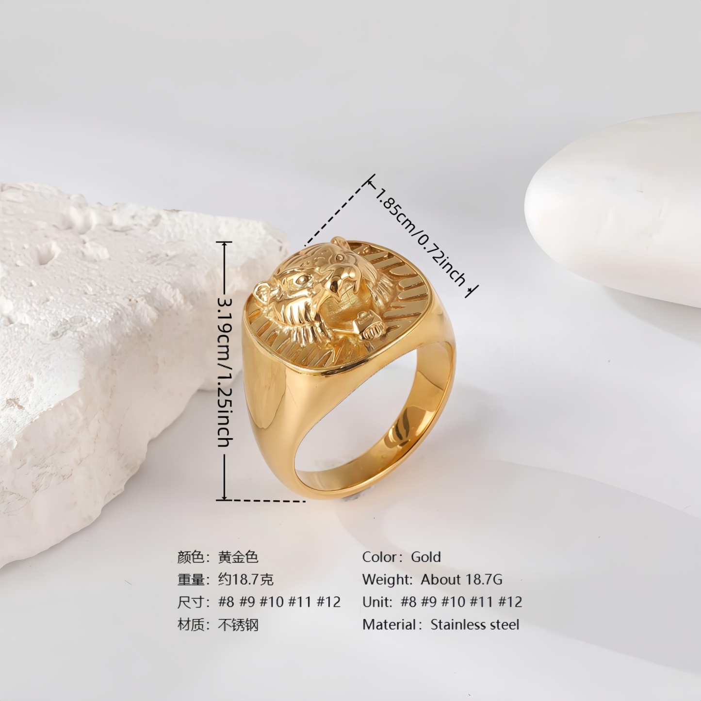 24K Gold PVD Stainless Steel Titanium Lion-Themed Men's Ring-JinBaoJewerly