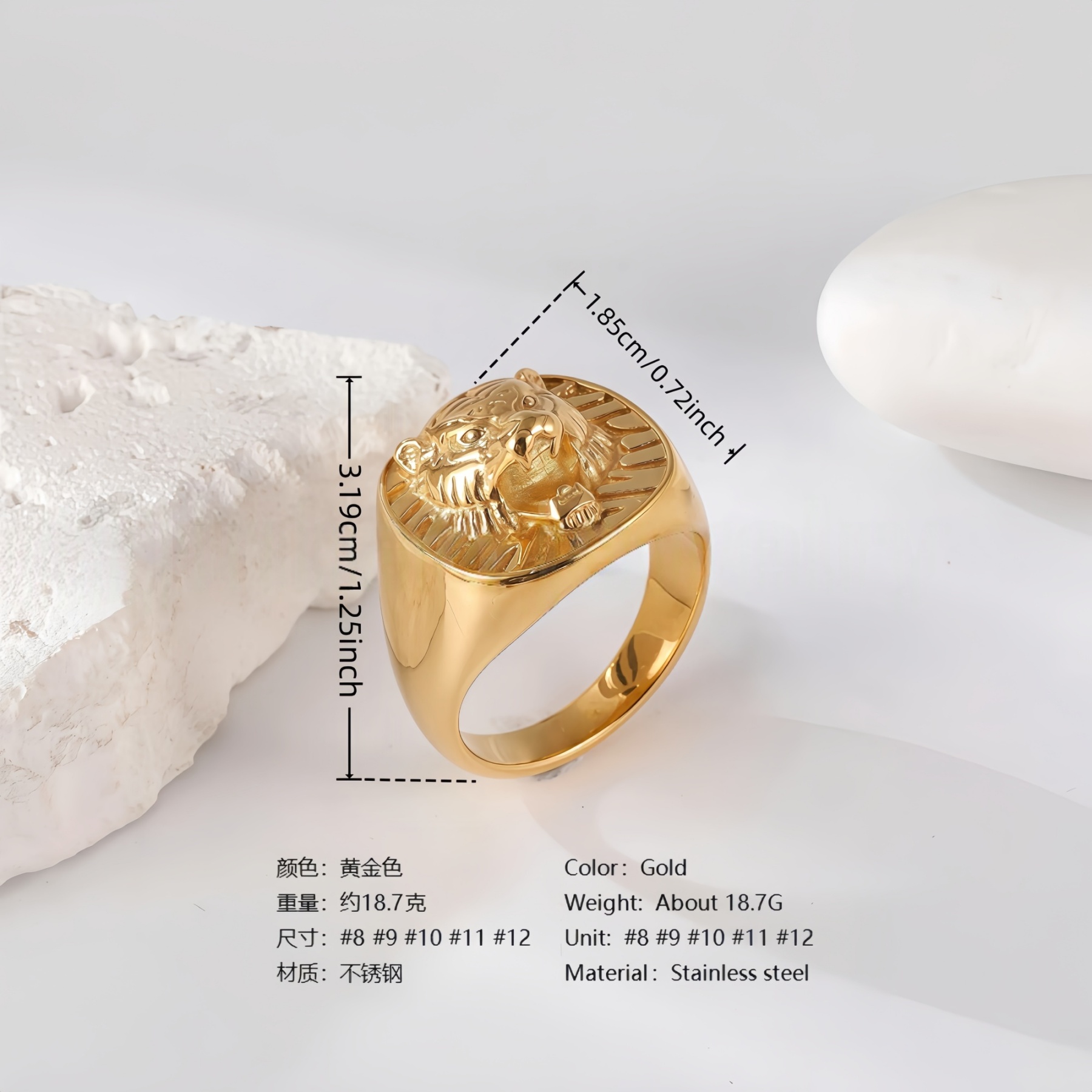 24K Gold PVD Stainless Steel Titanium Lion-Themed Men's Ring-JinBaoJewerly