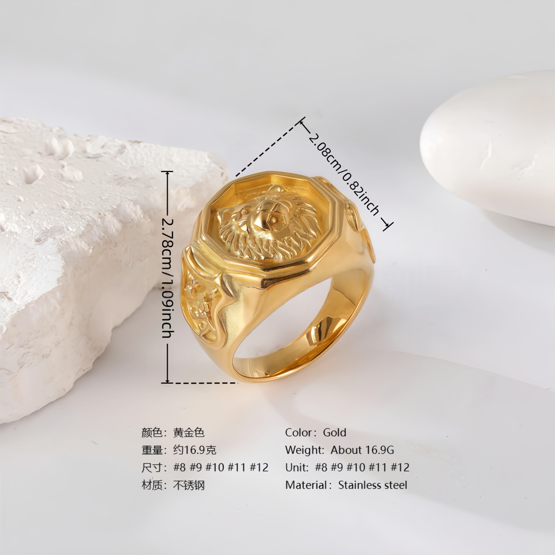 24K Gold PVD Stainless Steel Titanium Lion-Themed Men's Ring-JinBaoJewerly