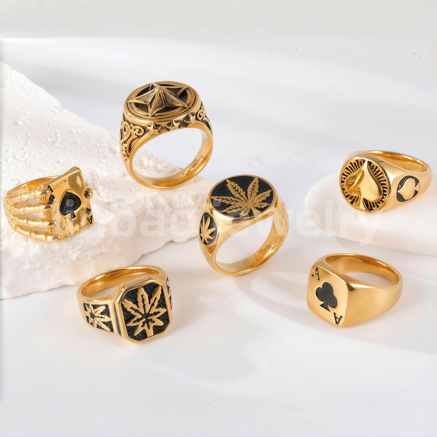 24K Gold PVD Stainless Steel Titanium Leaf & Spade Symbol Men's Ring-JinBaoJewerly