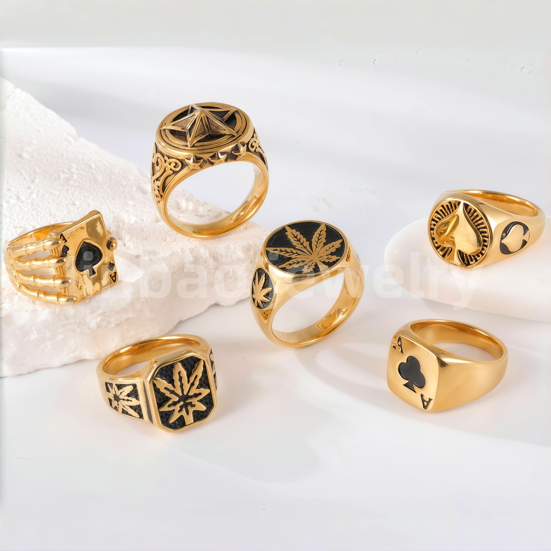 24K Gold PVD Stainless Steel Titanium Leaf & Spade Symbol Men's Ring-JinBaoJewerly