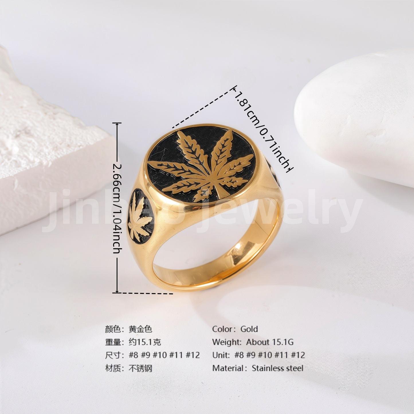 24K Gold PVD Stainless Steel Titanium Leaf & Spade Symbol Men's Ring-JinBaoJewerly