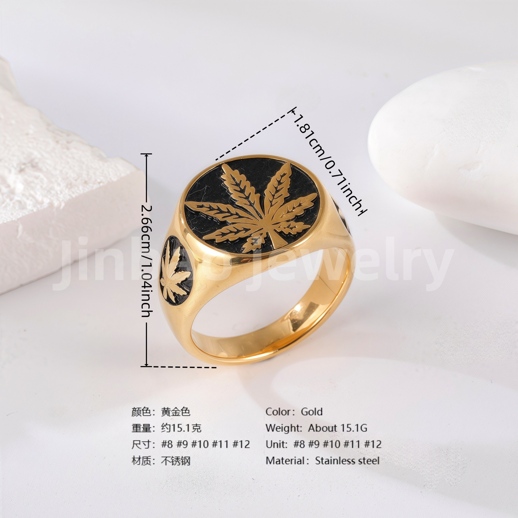 24K Gold PVD Stainless Steel Titanium Leaf & Spade Symbol Men's Ring-JinBaoJewerly