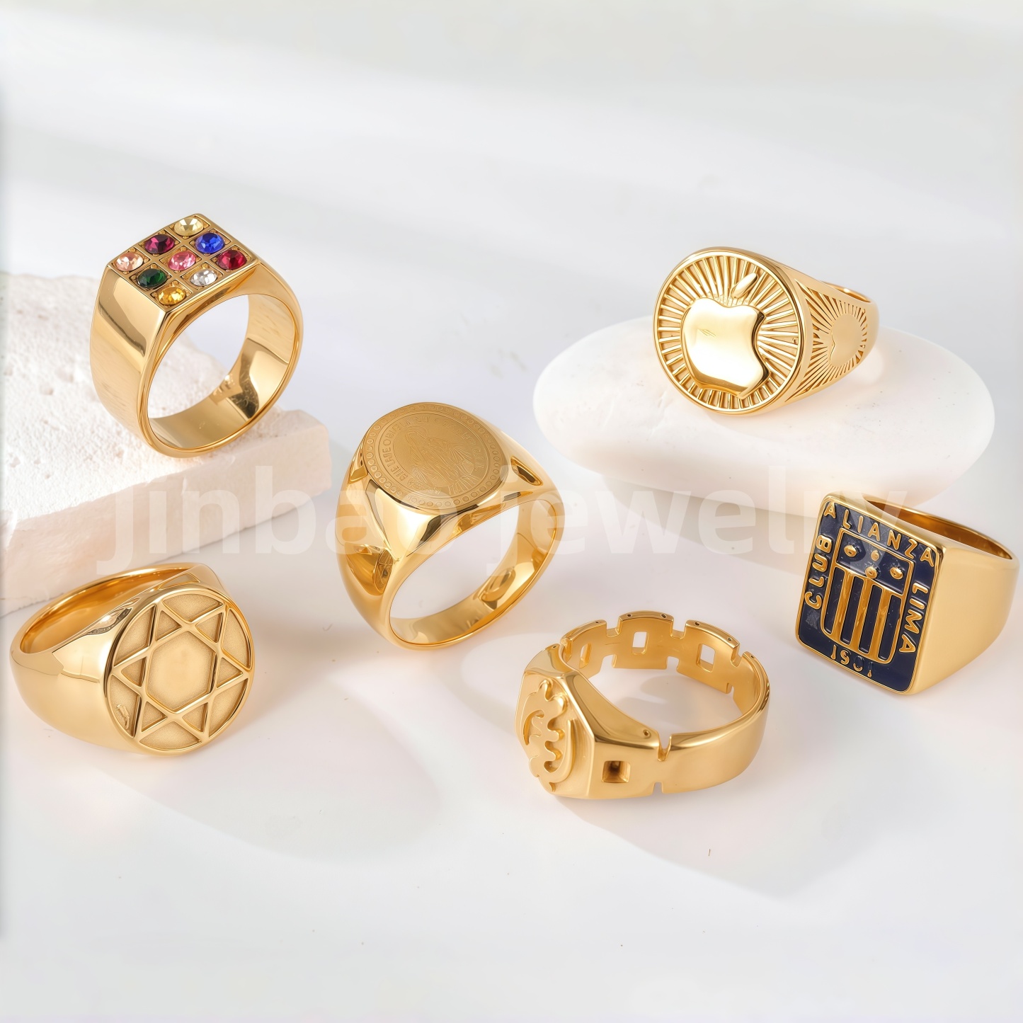 24K Gold PVD Stainless Steel Titanium Logo & Symbolic Men's Ring-JinBaoJewerly