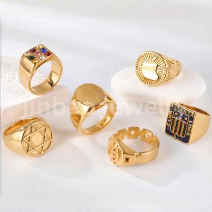 24K Gold PVD Stainless Steel Titanium Logo & Symbolic Men's Ring-JinBaoJewerly
