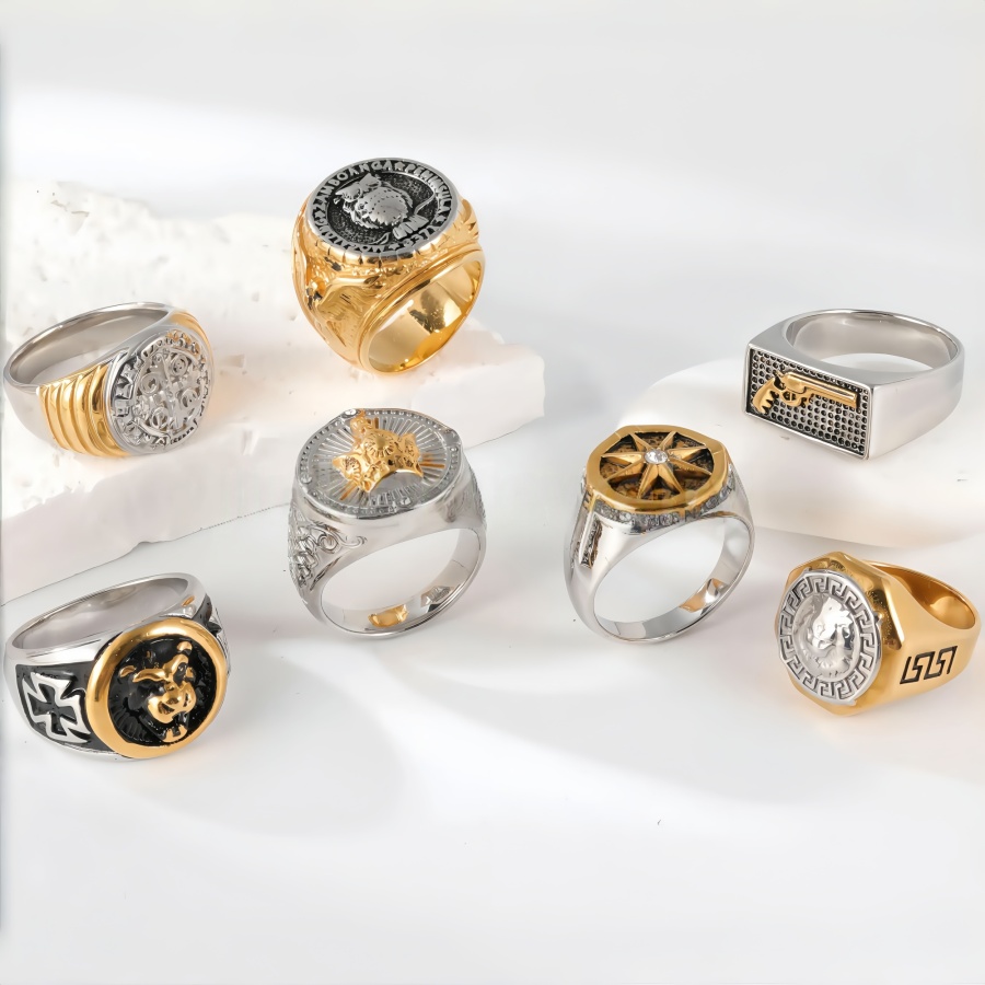 24K Gold PVD Stainless Steel Titanium Hip Hop Special Pattern Men's Ring