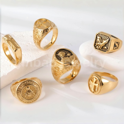 24K Gold PVD Stainless Steel Titanium Signet Men's Ring-JinBaoJewerly